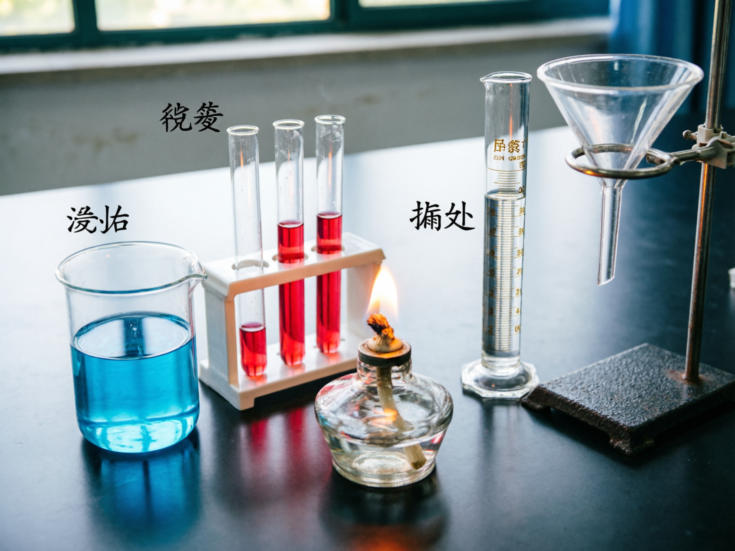 图中展示了一个实验室桌面上的各种化学实验器材，背景是模糊的窗户。画面左侧是一个盛有亮蓝色液体的烧杯，中间是一个白色试管架，上面插着三支装有不同高度红色液体的试管。试管架前方有一盏点燃的酒精灯，火苗呈明亮的橙黄色。右侧则是一个装有透明液体的量筒，以及一个固定在铁架台上的玻璃漏斗。整体色调明亮，光影感较强。

然而，画面中存在明显的 AI 生成缺陷：首先，图片上方分布着几组黑色的手写体文字，如“浸岵”、“税菱”和“捕处”，这些词汇并非真实的中文词组，且笔画扭曲，属于典型的 AI 乱码。其次，量筒上的刻度线模糊且不规则，顶部的文字标识也是无法辨认的符号。此外，酒精灯的灯芯与火焰的衔接处略显生硬，铁架台的底座质感也显得有些不自然。