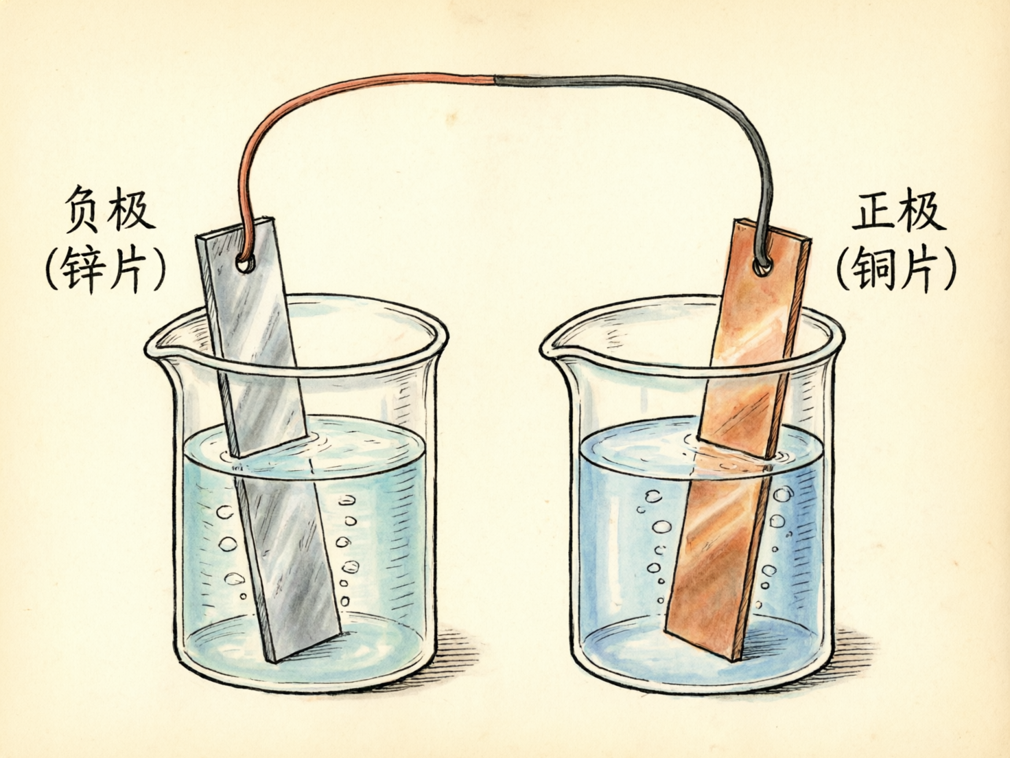 图中展示了一个手绘风格的原电池实验示意图，背景是带有复古质感的淡黄色纸张。画面中心有两个透明的玻璃烧杯，分别盛有淡蓝色的液体。左侧烧杯中插着一片银灰色的长方形金属片，上方标注着中文“负极（锌片）”；右侧烧杯中插着一片棕红色的金属片，标注为“正极（铜片）”。两块金属片顶端各有一个圆孔，由一根跨越两个烧杯的导线连接，导线左半段为红色，右半段为黑色。液体中分布着一些细小的气泡。

作为 AI 生成的图片，画面存在明显的逻辑和透视缺陷：最严重的问题在于导线的连接方式，导线直接穿过了金属片上的圆孔并与其融为一体，缺乏真实的物理连接结构（如鳄鱼夹或缠绕痕迹）。此外，烧杯中液体的水面线与金属片的交界处透视关系略显生硬，金属片在水下的折射效果表现得不够自然。文字虽然清晰，但笔画略显僵硬，带有典型的 AI 字体模拟痕迹。