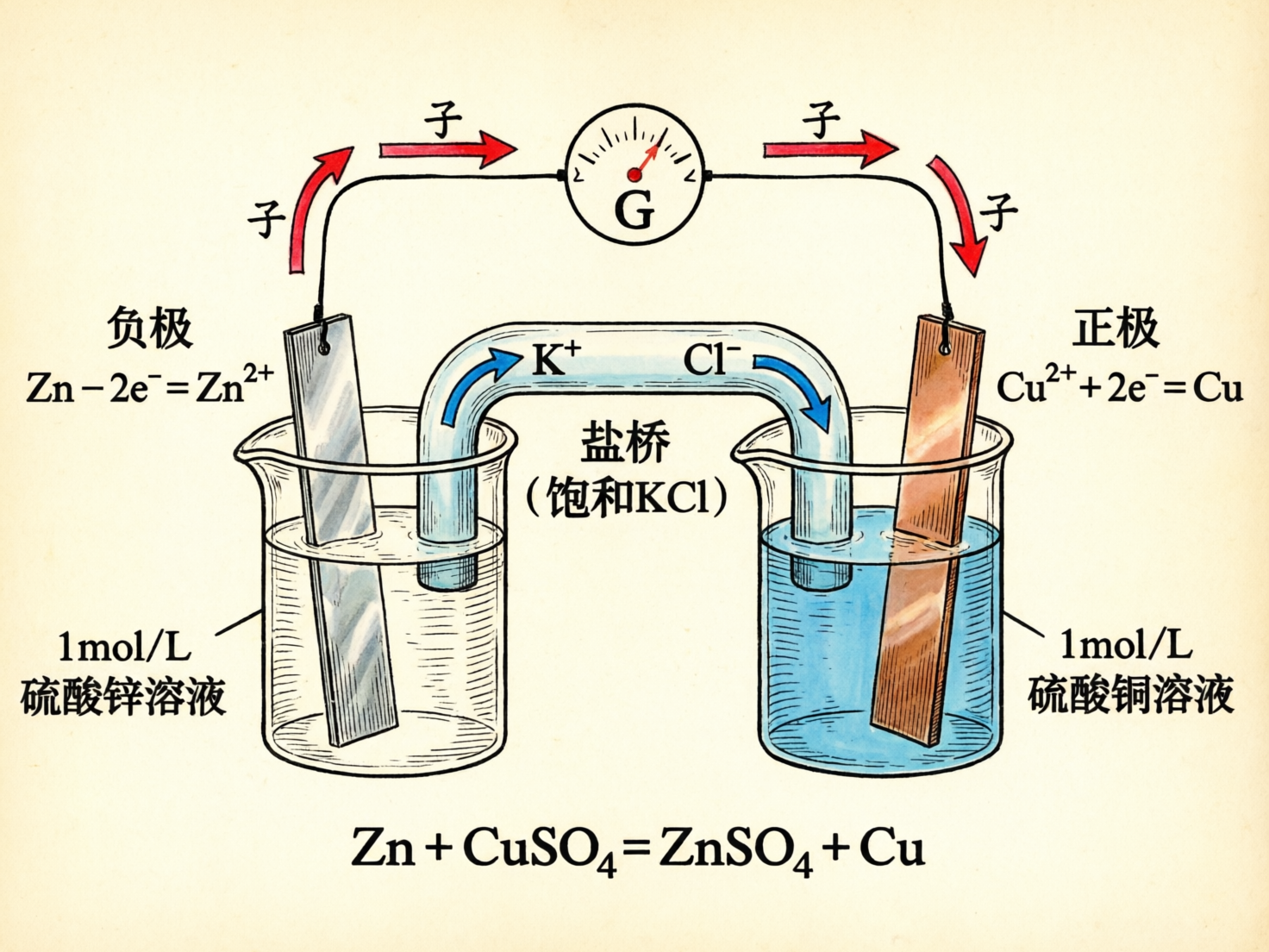 图中展示了一张关于原电池化学原理的教学示意图，背景为淡米色，整体风格类似手绘插图。画面中心是两个透明烧杯，左侧烧杯内插有一块银灰色的锌片，盛放着透明的硫酸锌溶液；右侧烧杯内插有一块棕红色的铜片，盛放着蓝色的硫酸铜溶液。两个烧杯之间由一个倒置的 U 形“盐桥”连接，上方通过导线连接着一个标有字母“G”的电流计。图中配有大量的中文标注和化学方程式，解释了正负极的反应过程。

然而，画面中存在明显的 AI 生成缺陷：最显著的问题在于导线上的标注，本应表示电子流向的文字被错误地简化为了单个汉字“子”，且重复出现了四次，失去了“电子”的完整含义。此外，电流计表盘上的刻度分布不均且模糊，部分文字如“饱和 KCl”中的括号形状略显扭曲。盐桥在液体中的透视关系也略显生硬，缺乏真实的折射效果。尽管存在这些细节错误，图片的整体结构仍能清晰表达原电池的基本组成。