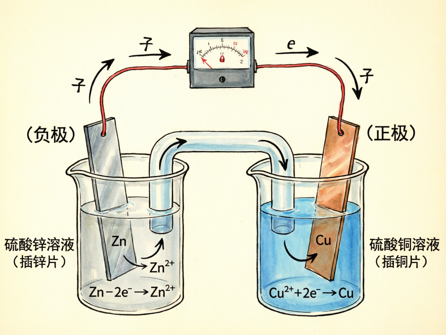 图中展示了一个手绘风格的原电池化学实验装置示意图。背景为淡黄色，画面中央有两个透明烧杯，左侧烧杯盛有灰色液体，插有一块灰色锌片，标注为负极；右侧烧杯盛有蓝色液体，插有一块棕色铜片，标注为正极。两个烧杯之间由一个倒 U 形的透明盐桥连接。上方通过红色导线连接着一个带有指针的电流表。画面中分布着中文标注和化学方程式，如“硫酸锌溶液”和“硫酸铜溶液”。

作为 AI 生成的图片，图中存在明显的逻辑和文字缺陷：首先，导线上方的电子流向标注混乱，出现了无法辨认的类汉字字符（如“子”字的变体），且电子符号“e”的标注位置不统一。其次，电流表的刻度盘文字模糊且无实际意义，红绿指针指向不明。最严重的错误在于盐桥的逻辑，图中盐桥的一端悬空在左侧烧杯的液面上方，并未插入液体中，这在实际化学原理中会导致电路断路，无法产生电流。此外，部分文字笔画扭曲，呈现出典型的 AI 幻觉特征。