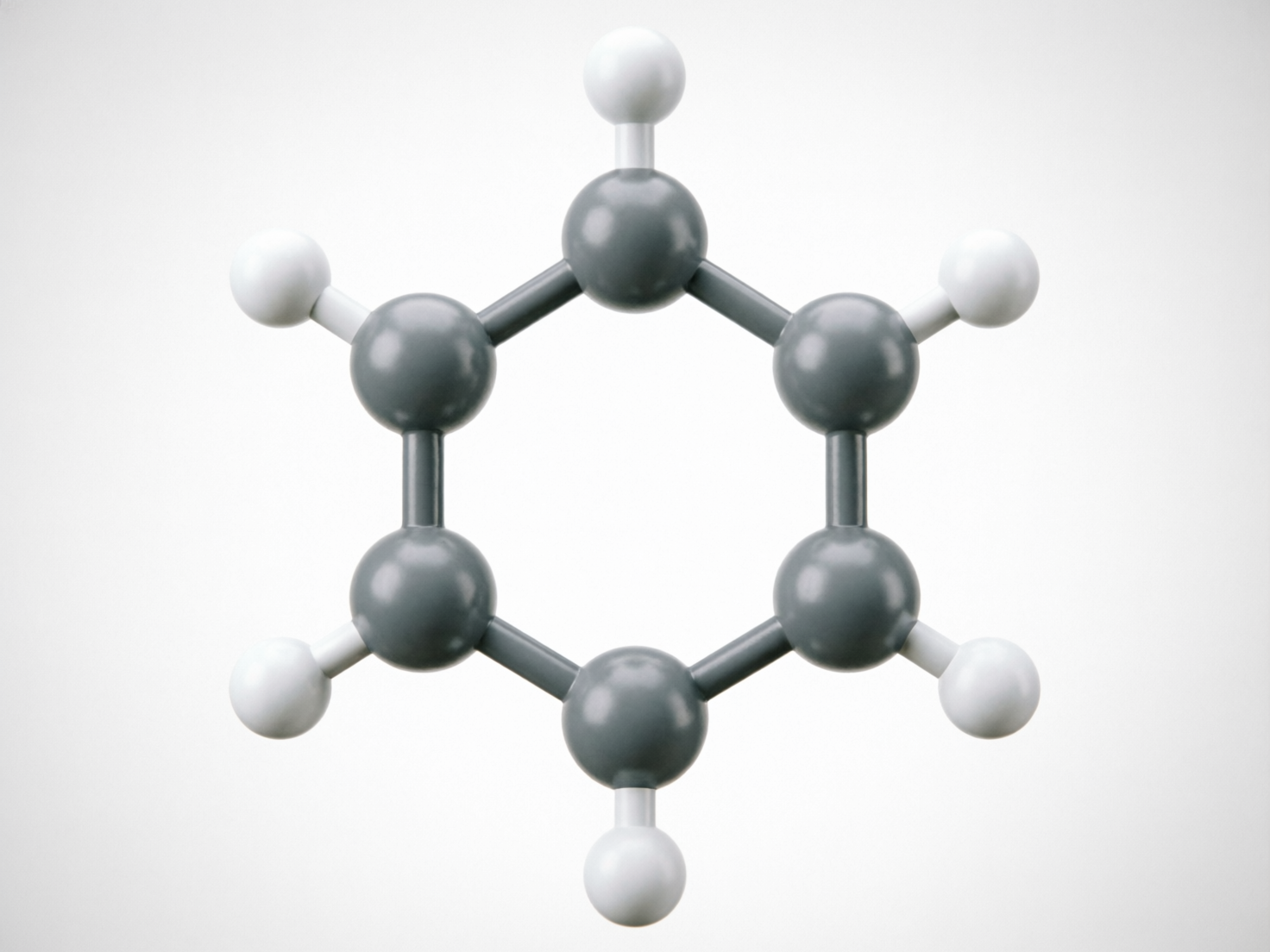 画面中展示了一个模拟苯分子的球棍模型，背景为纯净的浅灰色，光影效果柔和，具有较强的立体感。模型中心是由六个深灰色大球连接而成的正六边形环，代表碳原子；每个深灰色球体外侧各连接着一个较小的白色球体，代表氢原子。连接球体的“棍”呈现出金属或塑料的质感。

从 AI 生成的角度观察，画面存在明显的科学逻辑缺陷：在真实的苯分子结构中，碳原子之间应存在交替的单双键或离域大π键，但图中所有的连接棍厚度完全一致，未能体现化学键的区别。此外，部分连接处存在透视异常，例如右侧和左下角的白色氢原子与碳原子的连接杆显得略微扭曲，且球体表面的高光分布在精细度上略显机械，缺乏真实物理环境下的自然反射细节。尽管如此，整体构图对称，视觉效果清晰。