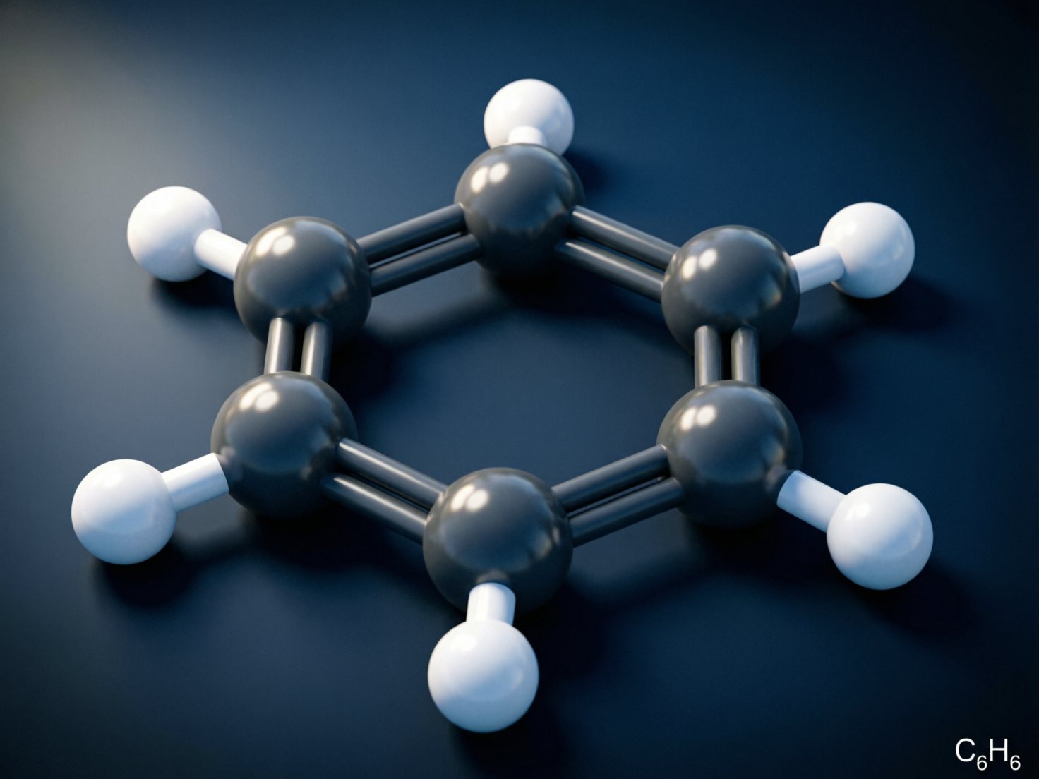 图中展示了一个苯分子（C₆H₆）的 3D 球棍模型，背景为深蓝色调的平滑平面。画面中央是一个由六个深灰色球体组成的六角环，代表碳原子；每个碳原子外侧连接着一个较小的白色球体，代表氢原子。整体构图居中，光线从左上方照射，使球体表面带有明显的金属感高光。右下角标注有白色的化学式“C₆H₆”。在 AI 生成的细节方面，存在明显的科学逻辑错误：根据化学原理，苯环应由交替的单键和双键（或离域大 π 键）组成，但图中所有的碳原子之间都错误地连接了三根平行的横杆，即全部显示为“三键”结构，这不符合真实的分子结构。此外，部分连接杆的透视略显生硬，与球体的衔接处存在轻微的阴影重叠异常。
