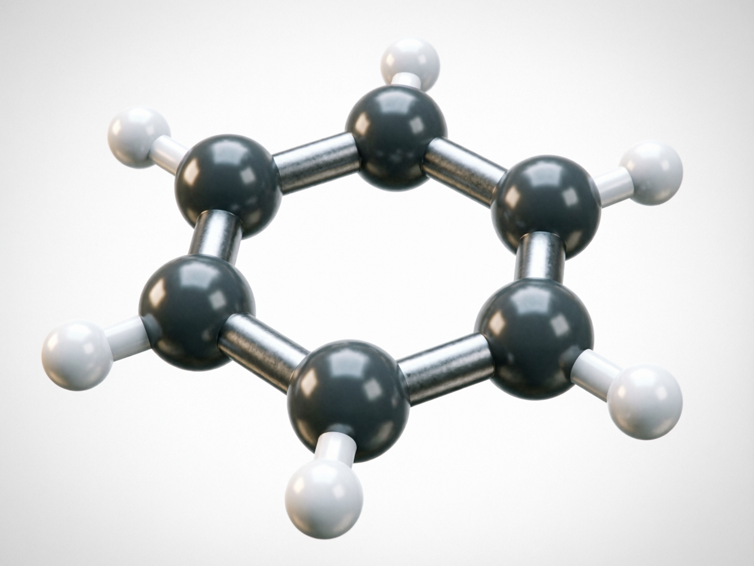 画面中展示了一个模拟苯环结构的分子模型，背景为纯净的浅灰色。该模型由六个较大的深灰色球体组成一个六角形环状核心，每个深灰色球体外侧都连接着一个较小的白色球体。球体之间由银色金属质感的短棒连接，表面带有明显的反光和高光，呈现出一种类似塑料或金属的 3D 渲染质感。整体构图居中，带有轻微的俯视透视感。

然而，作为 AI 生成的图像，该模型存在明显的科学逻辑和结构缺陷：在化学常识中，苯环的碳原子之间应交替存在单键和双键，但图中所有的连接棒粗细完全一致，未能体现这种区别。此外，连接棒与球体的结合处显得生硬，部分位置的透视关系不协调，例如最下方和左侧的白色小球连接处显得有些扭曲，缺乏真实物理模型的严谨性。