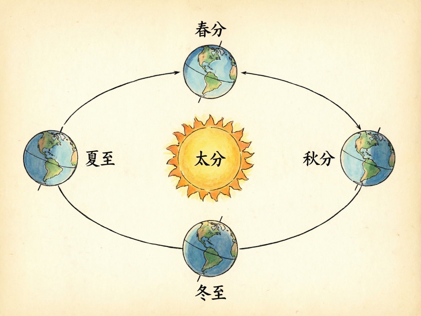 图中展示了一幅手绘风格的地球公转示意图，背景是带有复古质感的淡黄色纸张。画面中心是一个散发着橙黄色光芒的太阳，四周分布着四个处于不同轨道位置的地球，它们通过黑色的椭圆形轨道线和箭头连接。每个地球都标注了对应的节气，分别是顶部的“春分”、底部的“冬至”、左侧的“夏至”和右侧的“秋分”。地球的陆地为绿色，海洋为蓝色，并绘有倾斜的地轴。

这张图片存在明显的 AI 生成缺陷：首先是文字错误，太阳中心本应标注“太阳”，却被错误地写成了“太分”；其次是科学逻辑错误，根据地理常识，夏至和冬至的位置与地轴倾斜方向在图中并未形成正确的对应关系，且四个地球展示的地理板块几乎完全一致，缺乏球体转动的透视变化。此外，轨道上的箭头指向也存在逻辑混乱，未能清晰表达单一方向的公转循环。