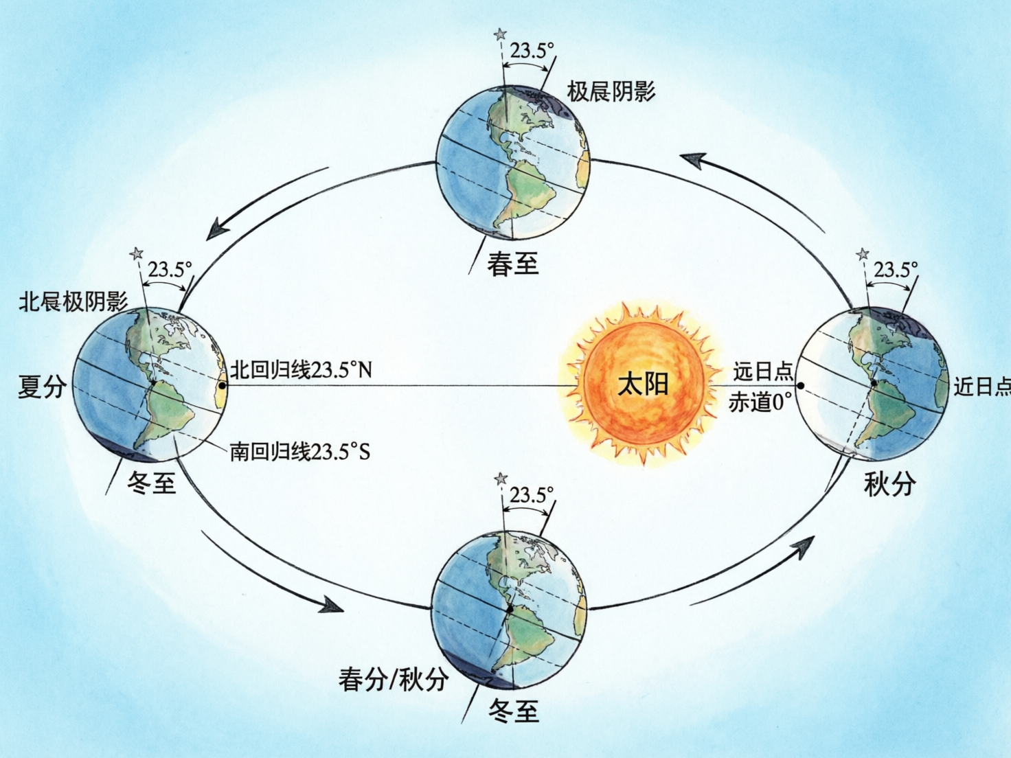 图中展示了一幅关于地球公转与四季形成的科学示意图，背景为淡蓝色，整体采用手绘水彩风格。画面中央是一个发光的橙红色太阳，四周分布着四个处于不同轨道位置的地球，通过椭圆形的轨道线和箭头连接。每个地球都标注了23.5度的倾斜角，并显示了昼夜阴影。然而，作为一张 AI 生成的图片，其地理和天文逻辑存在严重错误：文字标注极其混乱，例如将本应对应的“春分、夏至、秋分、冬至”错误地标注为“夏分”、“春分/秋分”等不存在的词汇，且同一位置出现了多个矛盾的节气名称。此外，地球上的陆地轮廓模糊且不准确，轨道线条与星球的透视关系也显得生硬。太阳右侧的“远日点”与“赤道0°”标注位置重叠，缺乏科学严谨性，仅能作为艺术示意参考，不能用于准确的地理教学。