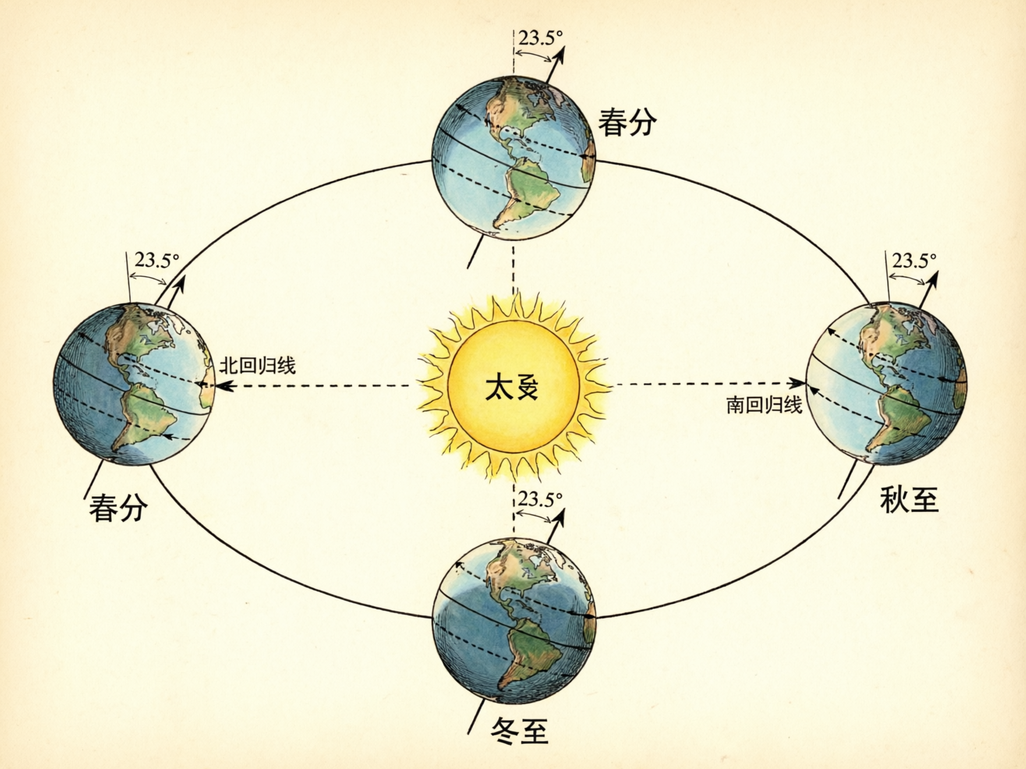 图中展示了一幅关于地球绕太阳公转的科学示意图，背景为复古的淡黄色纸张质感。画面中心是一个带有光芒的黄色太阳，中心写有“太阳”二字，但“阳”字笔画略显生硬。太阳四周环绕着一个椭圆形的轨道，轨道上分布着四个处于不同位置的地球模型，用以展示四季变化。每个地球都标注了23.5度的地轴倾斜角，并绘有陆地和海洋。

然而，作为一张 AI 生成的图片，图中存在多处严重的地理和文字逻辑错误：首先，文字标注混乱，左侧和上方的地球都被标注为“春分”，右侧标注为“秋至”，下方标注为“冬至”，完全缺失了“夏至”且节气位置不符合天文规律。其次，文字出现了明显的 AI 幻觉，太阳中心的“太”字多了一横，右侧的“南回归线”中“回”字结构异常。此外，地球上的陆地轮廓虽然模仿了美洲，但形状扭曲且重复，缺乏地理准确性。整体构图虽然清晰，但科学信息完全错误。