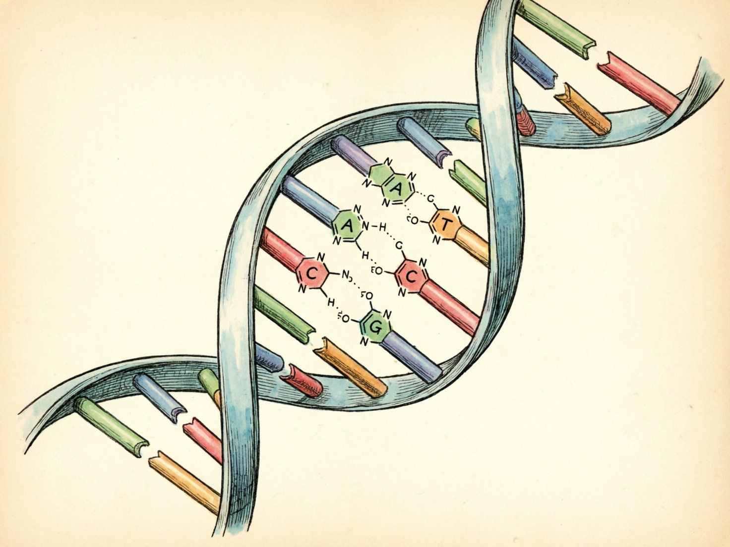 图中展示了一幅复古手绘风格的 DNA 双螺旋结构示意图。背景呈现出泛黄的旧纸张质感，主体是一个倾斜跨越画面的淡蓝色双螺旋骨架。螺旋之间连接着代表碱基对的彩色横条，颜色包括红、绿、蓝、黄等，部分横条中心带有六边形的化学结构式，并标注了 A、T、C、G 等字母。整体画风类似旧教科书中的钢笔淡彩插图，线条清晰，带有细腻的排线阴影。

然而，画面中存在明显的 AI 生成逻辑错误：首先，科学上 DNA 的碱基配对应为 A-T 和 C-G，但图中出现了 A 与 A 配对、C 与 C 配对的错误情况；其次，许多碱基横条在中间断裂，未能正确连接两侧骨架，且断裂处形状不自然；部分化学结构式中的原子符号（如 N、H、O）排列杂乱，化学键的连接逻辑也并不符合真实的分子结构。此外，双螺旋的缠绕透视在局部显得有些生硬和扭曲。