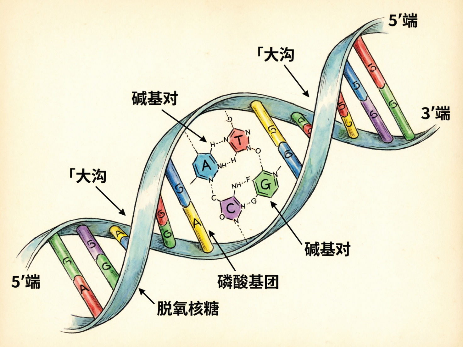 图中展示了一张关于 DNA 双螺旋结构的科学示意图，背景为淡雅的米黄色，整体风格类似于手绘的水彩插图。画面中心是一个蓝绿色的双螺旋长链，中间连接着彩色的小柱状体，代表不同的碱基。图片中配有中文标注，如「大沟」、「碱基对」、「脱氧核糖」和「磷酸基团」等。在螺旋的中心位置，还特写了 A、T、C、G 四种碱基的分子化学结构简式。

然而，作为一张 AI 生成的图片，画面中存在多处明显的逻辑和科学错误：首先，文字标注与指向线存在严重误导，例如「磷酸基团」的箭头指向了碱基柱，而「碱基对」的箭头指向了错误的分子位置；其次，化学结构式完全错误，分子环状结构混乱，原子符号（如 H、N、F）的连接不符合化学常识，甚至出现了本不该存在的元素；此外，螺旋链条上的字母（如 A、G、S 等）排列随机，且部分字母如「S」并非 DNA 的组成部分。整体构图虽美观，但作为教学参考具有极大的误导性。