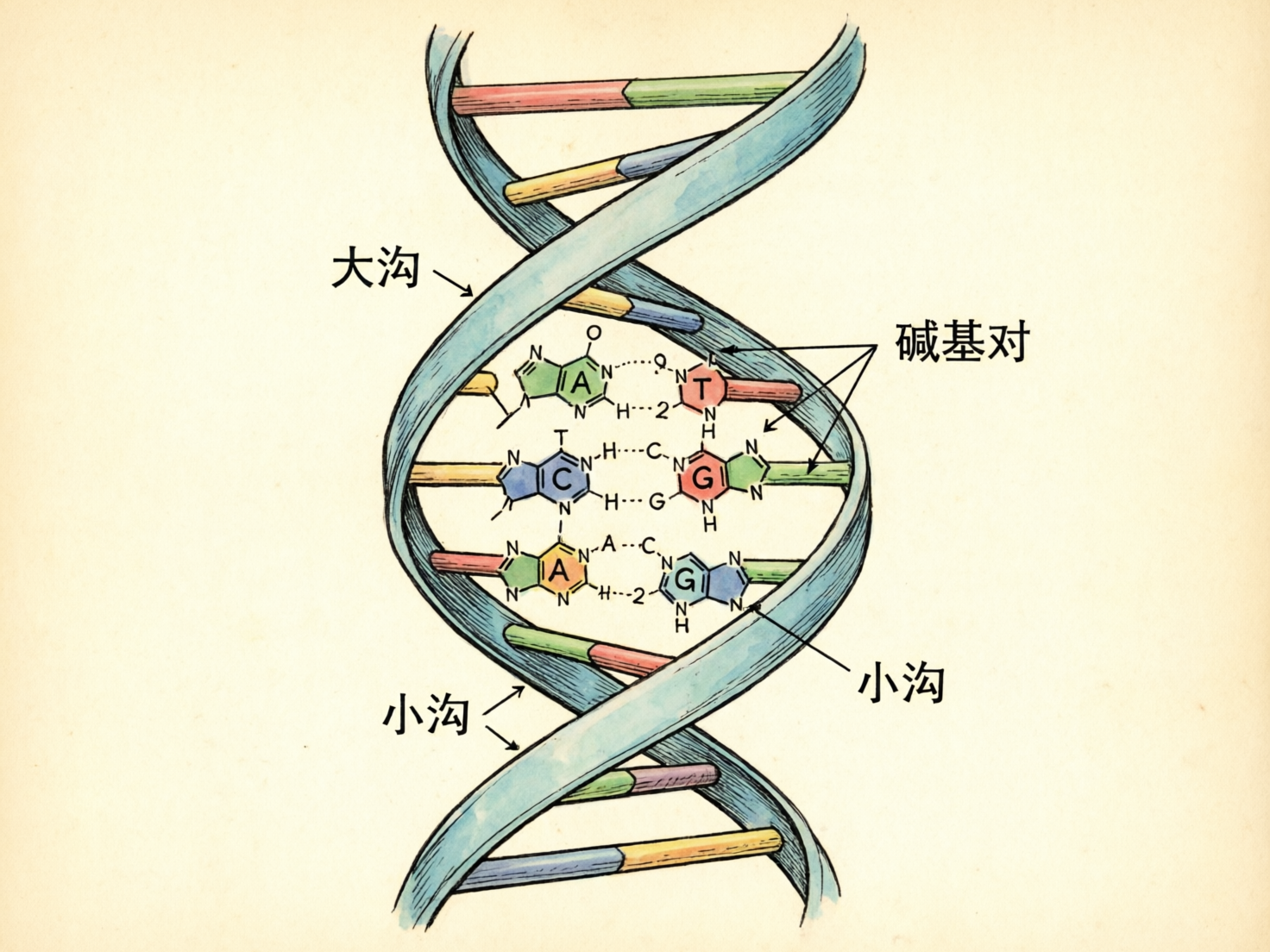 图中展示了一幅模仿复古科学插图风格的 DNA 双螺旋结构图。画面背景为淡雅的米黄色，中心是一个垂直排列的淡蓝色双螺旋骨架，中间连接着彩色横条代表碱基对。画面中带有中文标注，如“大沟”、“小沟”和“碱基对”，并用黑色箭头指向相应位置。在螺旋中心，详细展示了化学分子式结构，包含了 A、T、C、G 四种碱基的字母标识。然而，作为一张 AI 生成的图片，画面存在明显的逻辑和科学错误：分子式中的化学键连接杂乱无章，字母与化学结构的对应关系错误（例如 A 和 T、C 和 G 的配对逻辑混乱），部分线条断裂或无故重叠。此外，文字标注的指向不够精确，整体结构虽然具有艺术美感，但在生物化学细节上并不严谨。