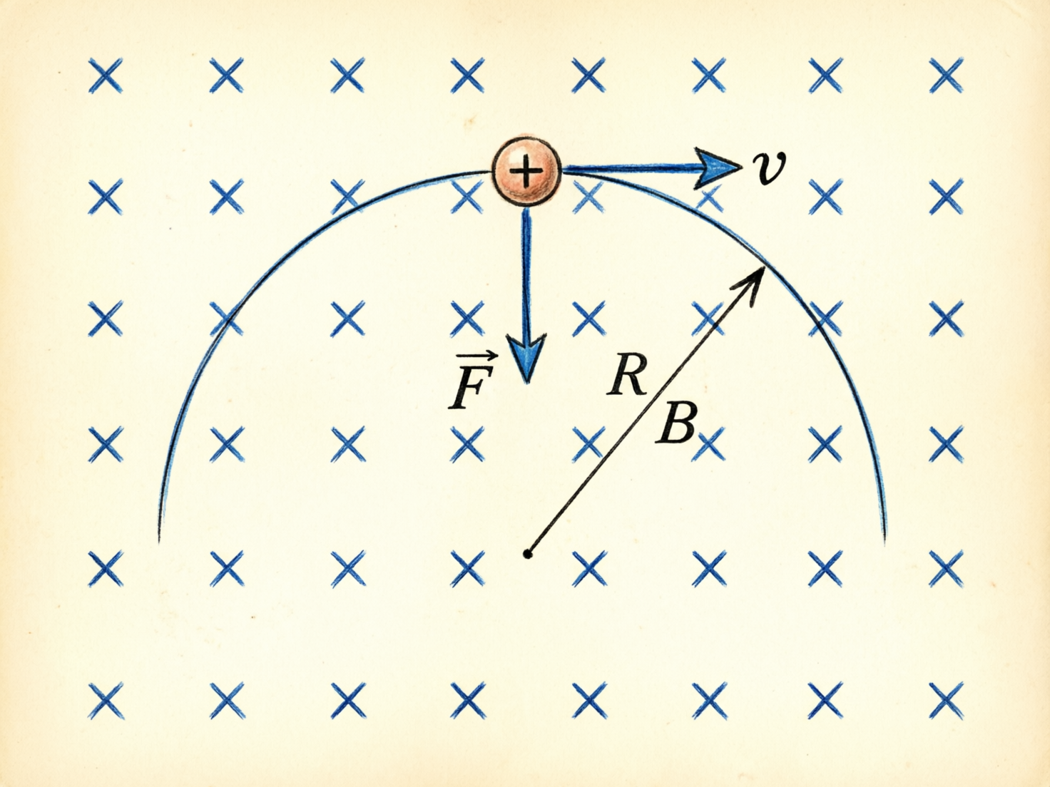 图中展示了一张模拟手绘风格的物理原理图，背景是带有复古质感的淡黄色纸张。画面中心是一个带正电荷的圆形粒子，其内部标有加号。粒子正沿着一条蓝色的抛物线轨迹运动，上方有一个向右的蓝色箭头表示速度向量 v。粒子下方有一个垂直向下的蓝色箭头，标注为洛伦兹力 F。背景布满了整齐排列的蓝色“X”符号，代表垂直纸面向里的磁场 B。一条从圆心出发的黑色细线指向轨迹边缘，并标注了半径 R。

作为 AI 生成的图片，图中存在明显的科学逻辑和绘图缺陷：首先，根据物理学左手定则，正电荷在向里的磁场中向右运动时，受力方向应向上而非向下，图中的力 F 方向完全相反；其次，字母 B 的位置漂浮在半径线旁，缺乏明确的矢量标注；此外，部分背景的“X”符号与运动轨迹线重叠处处理得不够自然，线条粗细略显不均。