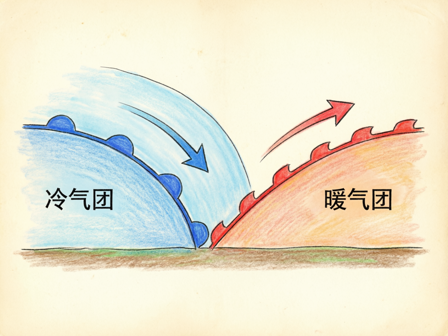 画面中是一幅手绘风格的气象示意图，展示了冷暖气团交汇的过程。背景是略显陈旧的米黄色纸张质感。左侧是一个半圆形的蓝色区域，标注着“冷气团”，其边缘带有向右下方指出的蓝色箭头和半圆形的锋面符号；右侧是一个橙红色的斜坡状区域，标注着“暖气团”，边缘带有向右上方指出的红色箭头和锯齿状的锋面符号。两个气团在画面中央底部汇合，下方有一条棕色和绿色混合的线条代表地面。

这张图片存在明显的 AI 生成缺陷：首先，气象学中的锋面符号使用错误，冷锋应为三角形，暖锋应为半圆形，而图中将冷气团边缘画成了半圆，暖气团边缘画成了类似锯齿或波浪的形状，完全颠倒且形态不标准。其次，文字“冷气团”和“暖气团”虽然清晰，但字体风格与手绘背景略显违和。此外，冷气团上方的蓝色弧线阴影与整体透视逻辑不符，显得较为生硬。