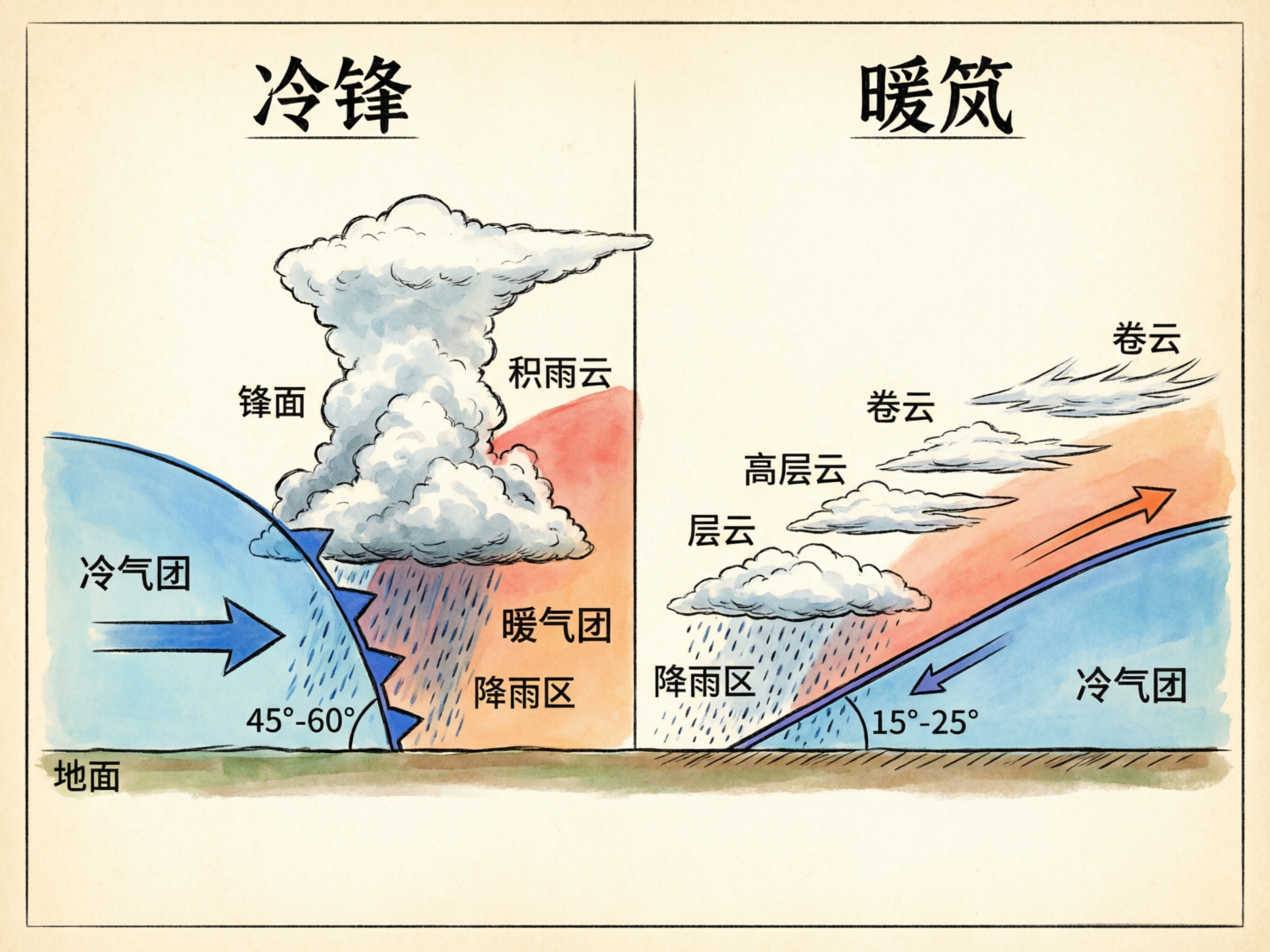 画面中展示了一幅关于气象学中“冷锋”与“暖锋”对比的科普示意图，采用手绘水彩风格，色调以淡黄色的复古纸张感为底。图片被中间的一条垂直线分为左右两部分。左侧描述冷锋，显示冷气团（蓝色）呈陡峭的弧形向右推进，上方伴有高耸的积雨云和密集的降雨区；右侧描述暖锋，显示暖气团（红色）沿平缓的坡面爬升，上方排列着层云、高层云和卷云。图中使用了大量的中文标注，如“冷气团”、“暖气团”、“锋面”等。

画面中存在明显的 AI 生成缺陷：最显著的是右上角的标题文字，本应为“暖锋”，却被错误地生成为“暖笩”，字形扭曲且存在错别字；此外，部分标注文字的线条略显模糊，右侧冷气团内部的蓝色箭头指向与整体气流趋势略有不符，且云层的边缘处理在透视上显得有些生硬。