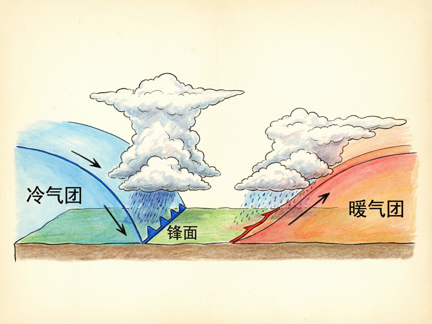 图中展示了一幅手绘风格的气象原理示意图，背景为淡米色的纸张质感。画面被分为左右两个部分，分别演示冷锋和暖锋的形成。左侧以蓝色调为主，描绘了“冷气团”主动向右推进，其锋面呈陡峭的弧形，上方伴有高耸的积雨云和密集的雨滴，地面交界处标有蓝色的锯齿状符号。右侧以橙红色调为主，展示“暖气团”沿坡面向上爬升，形成较平缓的云系和降水，地面交界处标有红色的半圆弧符号。画面中央标注有“锋面”二字。

作为 AI 生成的图片，该图存在明显的逻辑和视觉缺陷：首先，它将冷锋和暖锋强行拼接在同一个地平面上，导致中间的绿色地面在逻辑上无法自洽；其次，文字虽然清晰，但“锋面”二字的指向模糊，且右侧暖锋的红色符号绘制得不够规范，线条略显杂乱。此外，云层的阴影处理与光源方向不统一，整体构图虽试图模仿教科书插图，但在科学严谨性上存在欠缺。