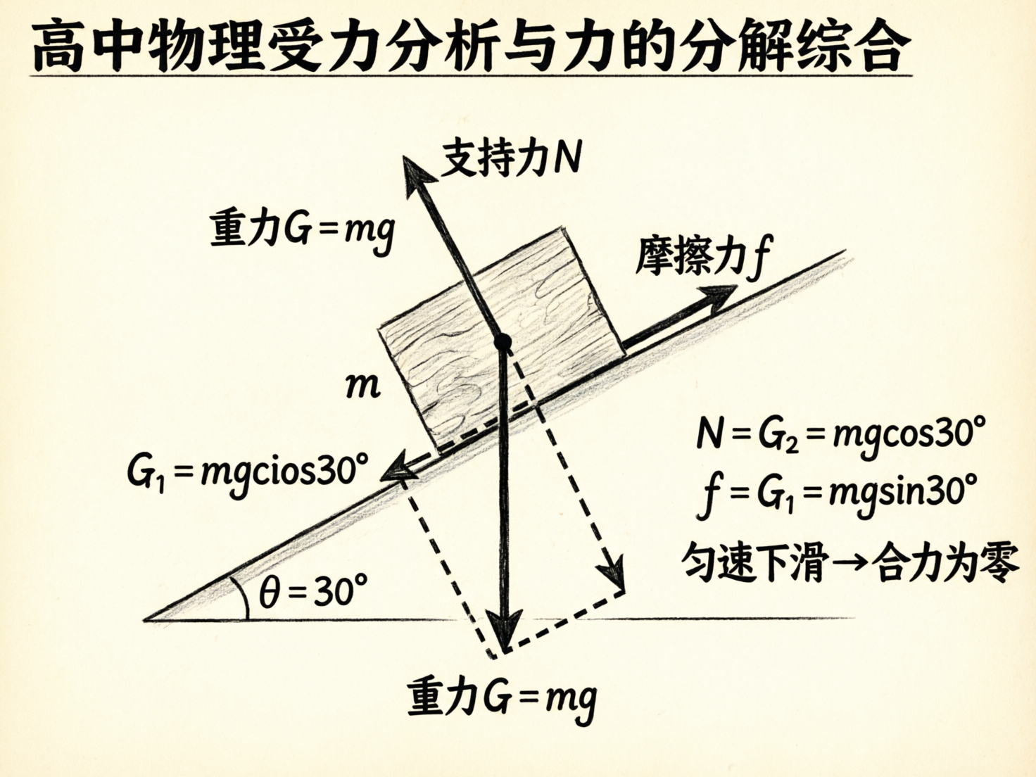 画面中展示了一张关于高中物理受力分析的教学示意图，背景为米白色，整体呈现出手绘素描的风格。图中央是一个放置在30度倾角斜面上的木块，木块上标注了多个受力箭头，包括垂直向下的重力、垂直于斜面向上的支持力以及沿斜面向上的摩擦力。右侧列出了相关的物理公式，说明木块正处于匀速下滑且合力为零的状态。

然而，作为一张 AI 生成的图片，画面中存在明显的逻辑和文字缺陷。首先，文字拼写出现了低级错误，例如将三角函数“cos”误写成了“cios”；其次，公式逻辑混乱，图中将重力的分量 G1 标注为“mgcios30°”，但在右侧公式中又将 G1 等同于“mgsin30°”，存在前后矛盾。此外，重力箭头的起点位置与木块重心的几何关系不够严谨，虚线构成的平行四边形分解图也存在透视上的扭曲，不符合标准物理作图的精确要求。