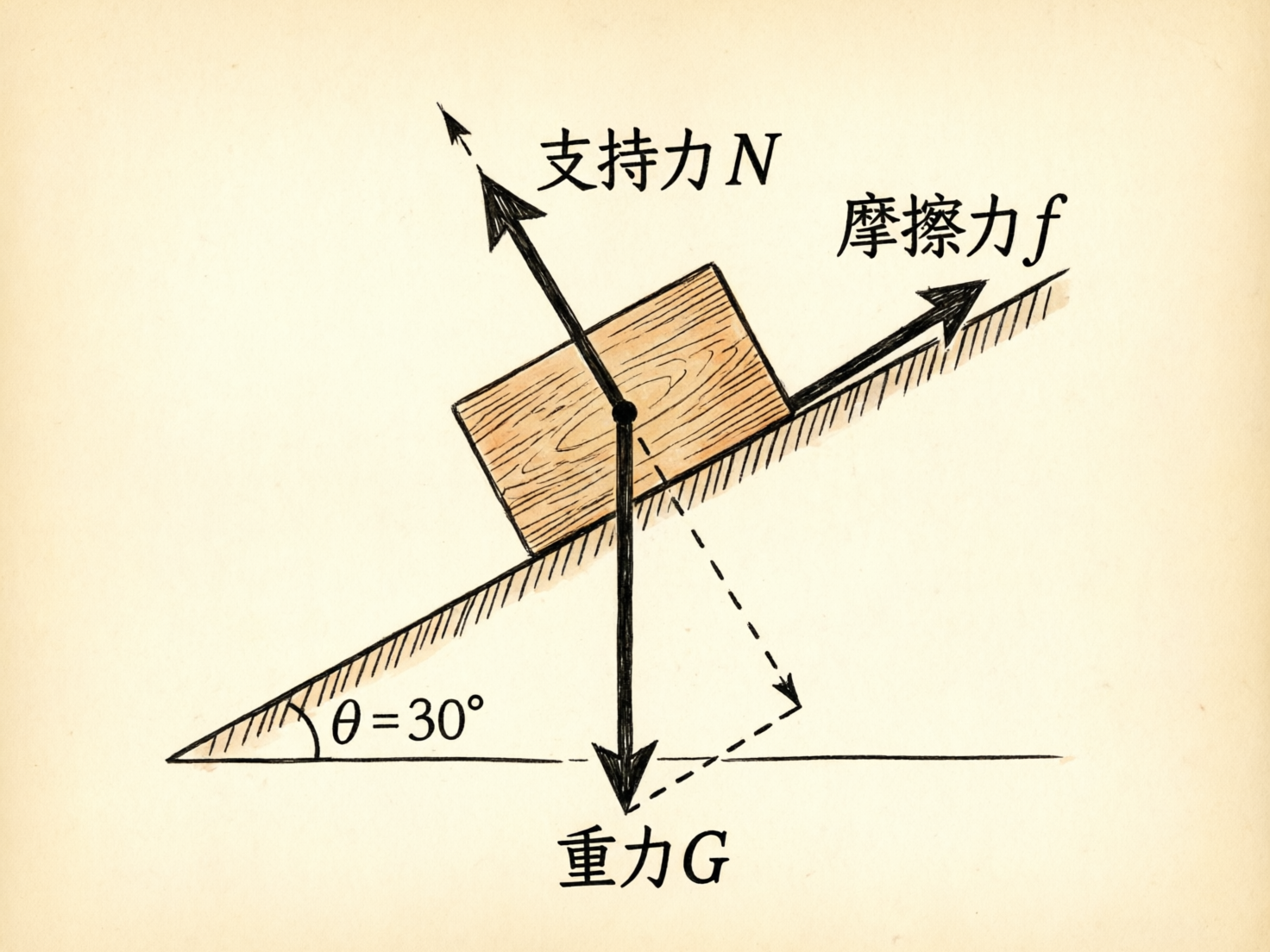 图中展示了一张模拟手绘风格的物理受力分析示意图。背景是带有复古质感的米黄色纸张，中心是一个位于 30 度斜面上的木块。木块呈浅棕色，带有木质纹理，其中心引出了三个主要的受力箭头：垂直向下的“重力 G”、垂直于斜面向上的“支持力 N”，以及沿斜面向上的“摩擦力 f”。画面构图简洁，文字为黑色简体中文。

然而，作为一张 AI 生成的图片，画面中存在明显的逻辑和视觉缺陷。首先，代表支持力的箭头在木块上方出现了一个多余的、方向略有偏移的小箭头残影；其次，重力的分解虚线并不符合物理几何逻辑，虚线构成的平行四边形未能正确对应分力方向，且虚线末端的箭头指向模糊。此外，斜面下方的阴影短线分布不均，木块与斜面的接触边缘处理也略显生硬，这些都是 AI 在处理严谨科学绘图时常见的细节错误。