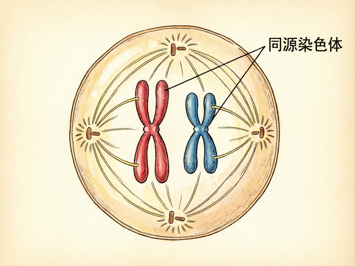 图中展示了一幅模拟生物细胞分裂过程的手绘风格示意图。画面中央是一个浅米色的圆形细胞，内部包含一对呈“X”形的同源染色体，左侧为红色，右侧为蓝色。细胞的上下左右四个边缘处各有一个棕色的中心体，并向中心散发出细长的纺锤丝。右上角有黑色线条指向这两条染色体，并标注了简体中文文本“同源染色体”。整体色调柔和，带有复古的水彩质感。

在 AI 生成的细节方面，存在明显的生物学逻辑错误和构图异常：首先，正常的细胞分裂中，中心体通常成对出现在细胞两极，而图中却在上下左右四个方向对称出现了四个中心体，这不符合真实的生理结构。其次，纺锤丝的连接方式显得杂乱且随意，并未准确地连接在染色体的着丝点上。此外，背景的纹理分布不均，边缘线条略显生硬，这些都是 AI 在处理特定科学原理图示时常见的透视与逻辑缺陷。