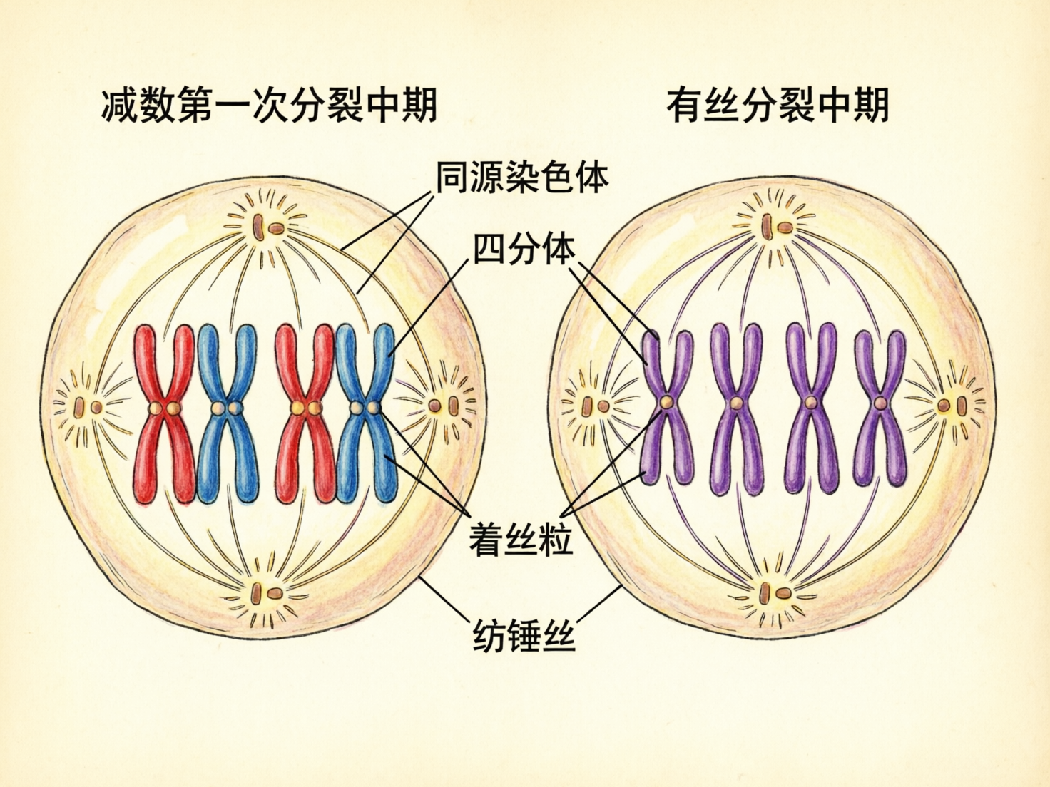图中展示了两幅并排的生物细胞分裂示意图，背景为淡黄色的复古纸张质感。左侧圆圈标注为“减数第一次分裂中期”，内部有两对同源染色体（红蓝两色）排列在赤道板两侧，形成四分体结构。右侧圆圈标注为“有丝分裂中期”，内部是四个紫色的染色体整齐排列在赤道板中央。画面使用了手绘风格，线条清晰，并用中文标注了“同源染色体”、“四分体”、“着丝粒”和“纺锤丝”等术语。

作为 AI 生成的图像，画面存在明显的生物学逻辑错误和绘图缺陷：首先，左图中“四分体”的引线指向了错误的单一染色体位置；其次，纺锤丝的分布非常混乱，并未准确连接到每个染色体的着丝粒上，而是呈现出随机散开的线条；此外，细胞两极的中心体形状不规则且位置偏移，部分标注线条与图形重叠，缺乏严谨的科学教材准确性。