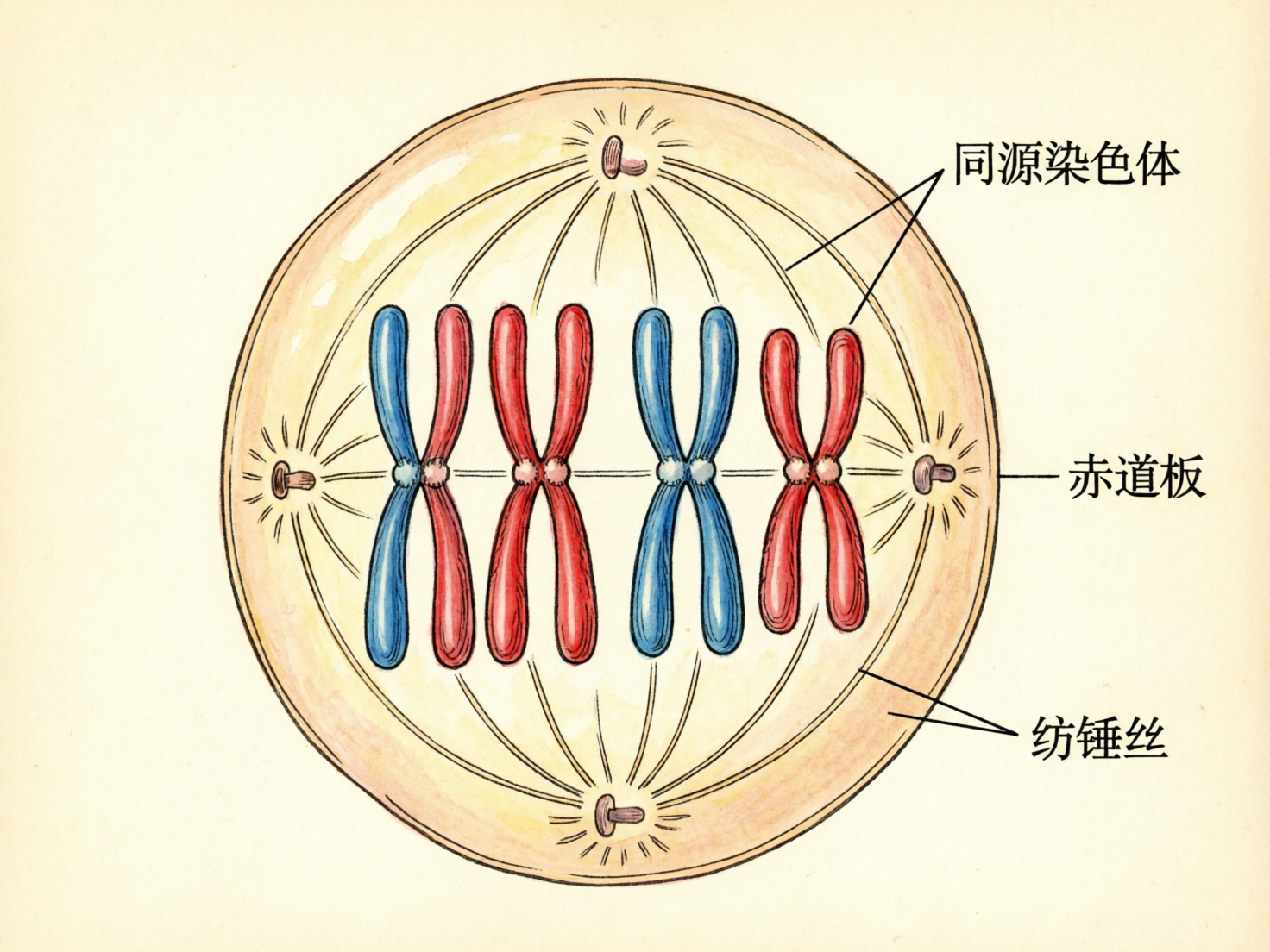 图中展示了一幅模拟生物学细胞分裂过程的科学插图，整体采用复古的手绘水彩风格，背景为淡雅的米黄色。画面中心是一个巨大的圆形细胞，内部排列着四对呈“X”形的染色体，颜色交替使用蓝色和红色。细胞的上下左右四个极点各有一个类似中心体的结构，并向中心散发出细长的纺锤丝。右侧附有简体中文标注，包括“同源染色体”、“赤道板”和“纺锤丝”。

作为一张 AI 生成的图片，画面存在明显的生物学逻辑错误和构图缺陷：首先，细胞通常只有两个相对的极点，但图中却在上下左右四个方向都出现了极点，导致纺锤丝的指向极其混乱，不符合真实的生理结构。其次，标注“赤道板”的引线指向了侧边的极点，而非染色体排列的中心平面。此外，部分染色体的形状扭曲，颜色涂抹不均，且文字线条与图形的连接显得生硬，缺乏严谨的科学准确性。