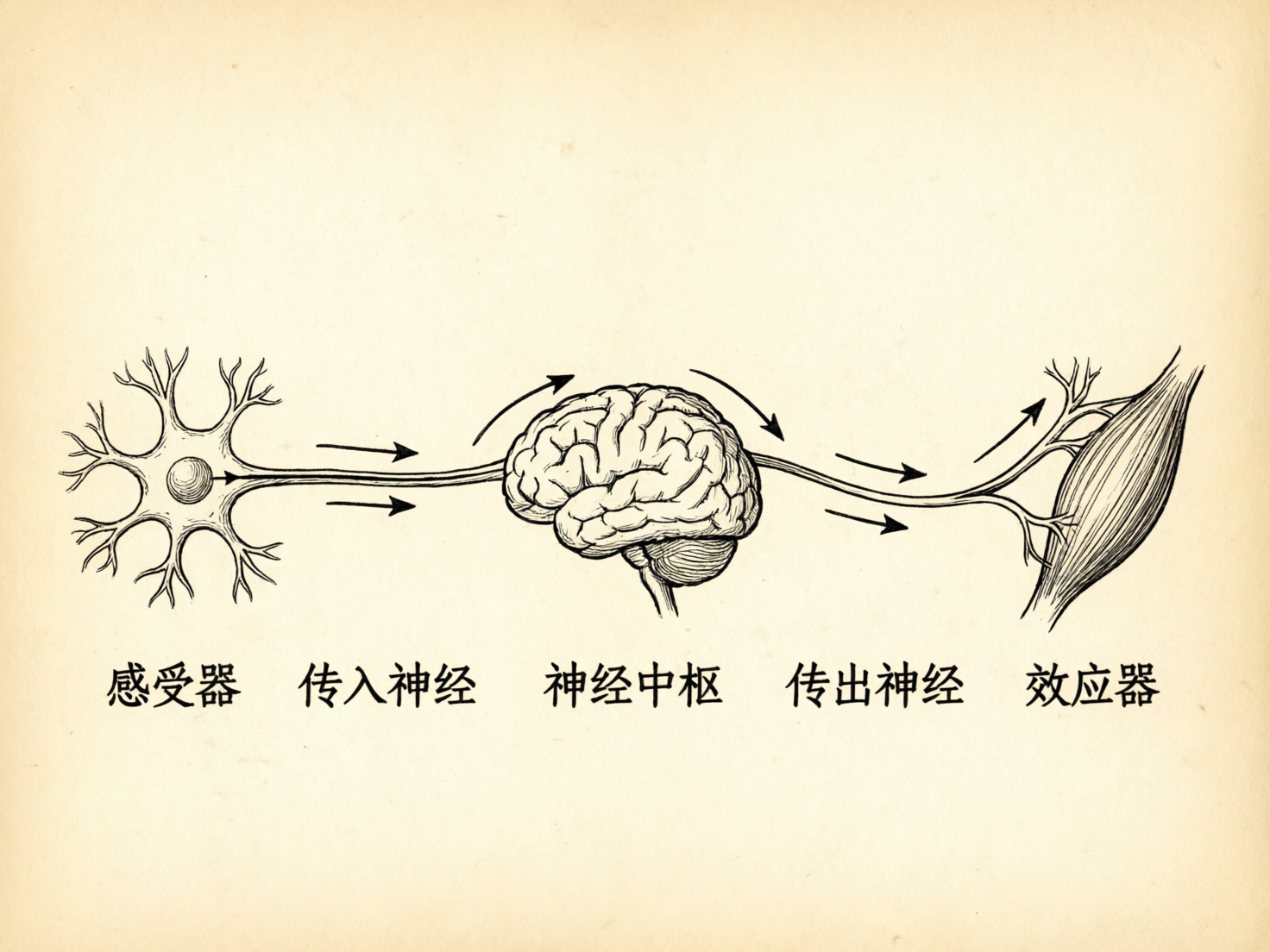 图中展示了一幅模拟复古科学插画风格的生物学示意图，背景是带有细微纹理的淡黄色仿旧纸张。画面中心横向排列着三个主要的黑色线条素描元素：左侧是一个带有放射状分叉的神经元细胞，代表“感受器”；中间是一个纹理清晰的人脑侧视图，代表“神经中枢”；右侧是一块纺锤形的肌肉组织，代表“效应器”。这些元素之间通过平行的线条连接，并配有多个黑色箭头，指示着从左向右的神经冲动传导方向。下方整齐排列着五个简体中文词组：感受器、传入神经、神经中枢、传出神经、效应器。

作为 AI 生成的图片，画面存在明显的逻辑和细节缺陷：左侧所谓的“感受器”实际上画成了一个具有树突和轴突的典型多极神经元，这在生物学定义上容易产生混淆；连接各部位的线条（神经纤维）显得过于生硬且平行，缺乏自然的解剖结构连接感；右侧肌肉组织与神经末梢的交汇处线条杂乱，不符合真实的神经肌肉接头构造。此外，文字虽然清晰，但排版略显机械。