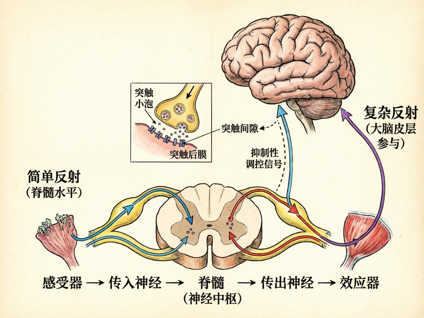 图中展示了一幅关于人体神经反射弧的生物学示意图，背景为淡黄色的复古纸张质感。画面上方是一个淡粉色的大脑模型，下方是脊髓的横截面，左右两侧分别连接着肌肉组织，代表感受器和效应器。图中通过彩色箭头标示了神经冲动的传导路径，并配有简体中文标注。左上角的方框放大展示了突触结构，包含突触小泡和突触后膜。

然而，作为一张 AI 生成的图片，画面存在明显的逻辑和细节缺陷：首先，文字虽然看起来清晰，但部分排版略显拥挤且字体不统一；其次，解剖结构存在科学性错误，如脊髓内部的灰质形状不规则，神经纤维的连接方式过于简化且透视关系混乱；最明显的问题在于右侧的“效应器”肌肉组织，其线条杂乱且与神经末梢的连接方式不符合生理结构。此外，部分箭头指向模糊，未能准确对应到具体的解剖部位。