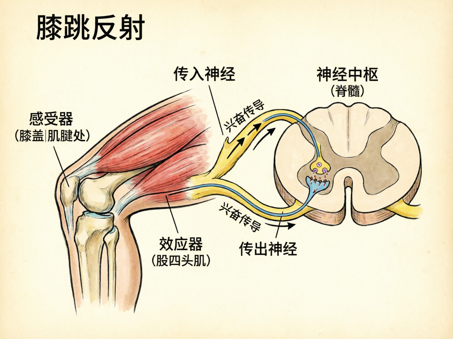图中展示了一张关于“膝跳反射”原理的医学科普示意图，背景为淡黄色的复古纸张质感。画面左侧是一个人体膝关节的剖面，清晰标注了红色的股四头肌作为效应器，以及膝盖肌腱处的感受器。画面右侧是一个圆形的脊髓横切面，作为神经中枢。黄色和蓝色的线条代表神经纤维，连接着膝盖与脊髓，并配有黑色的箭头指示“兴奋传导”的方向。

画面整体风格类似手绘插图，色彩柔和。然而，作为 AI 生成的图片，存在明显的逻辑和细节缺陷：首先，脊髓横切面的内部结构（灰质形状）显得非常随意，不符合真实的解剖学蝴蝶形状；其次，神经纤维在进入脊髓时的突触连接方式过于简化且结构模糊，缺乏真实的生物学严谨性；此外，左侧膝关节的骨骼结构（如髌骨与胫骨的关系）处理得比较生硬，透视略显扁平。虽然文字标注清晰，但图像细节仅能作为示意，不能作为精确的医学参考。