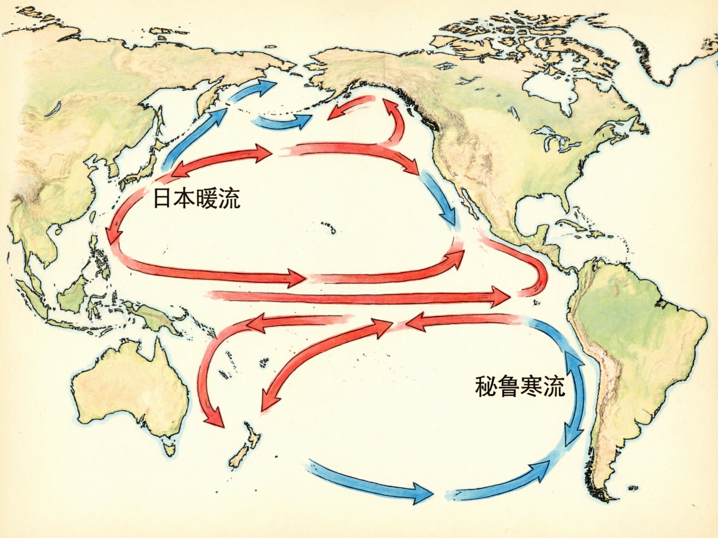 图中展示了一幅手绘风格的太平洋洋流分布示意图，背景是淡黄色的仿旧纸张质感。画面中心为太平洋，四周环绕着亚洲东部、大洋洲、北美洲和南美洲的陆地轮廓，陆地以浅绿色和淡褐色填充。图中用红色箭头表示暖流，蓝色箭头表示寒流，并用简体中文标注了“日本暖流”和“秘鲁寒流”。

作为一张 AI 生成的图片，画面存在明显的地理和逻辑缺陷：首先，陆地轮廓极不准确，例如日本群岛、东南亚群岛以及北美北部的形状严重变形且破碎；其次，洋流箭头的指向存在科学错误，部分箭头在陆地上穿行或无故断裂，且“日本暖流”的文字标注位置与其指向的箭头方向并不完全匹配；此外，南美洲西岸的“秘鲁寒流”箭头方向与实际地理常识相反，且文字排版略显生硬。整体构图虽然色彩柔和，但无法作为准确的地理教材使用。