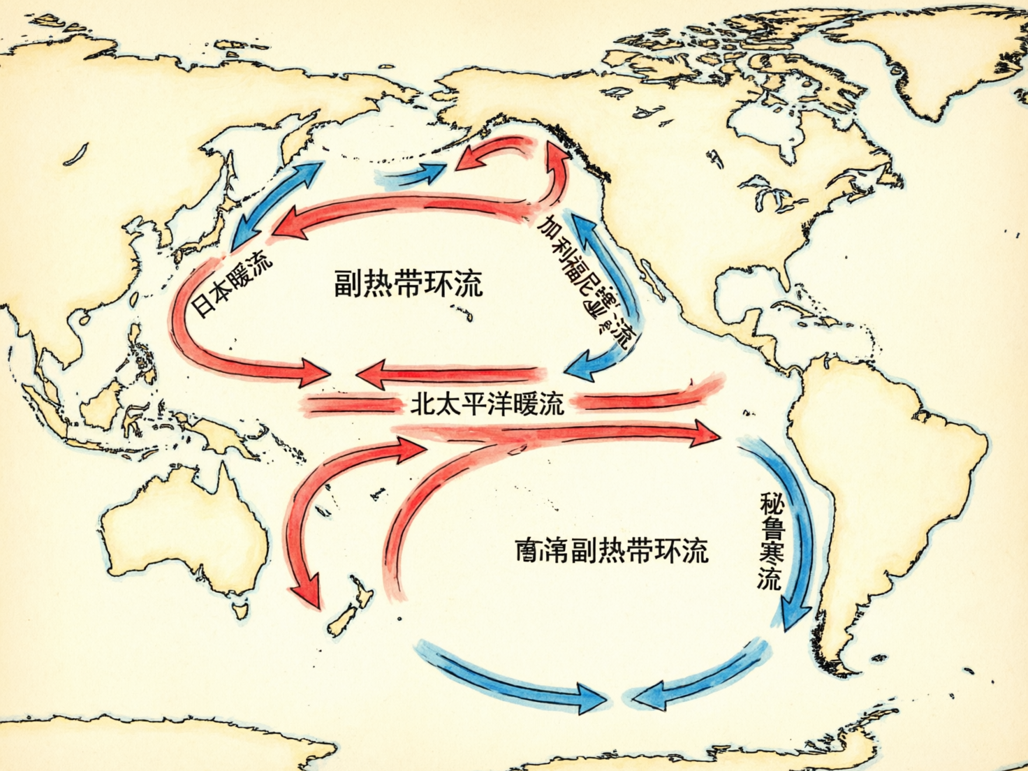 图中展示了一幅手绘风格的世界洋流分布图，背景是淡黄色的仿古纸张纹理。画面中心聚焦于太平洋区域，陆地轮廓以简约的黑线勾勒，内部填充浅黄色。图中用红色箭头表示暖流，蓝色箭头表示寒流，并标注了中文名称。北半球展示了由日本暖流、加利福尼亚寒流等组成的顺时针环流；南半球则展示了秘鲁寒流等组成的逆时针环流。

作为一张 AI 生成的图片，画面存在明显的逻辑和文字缺陷：首先，地理标注存在严重错误，例如将赤道附近的洋流错误标注为“北太平洋暖流”，且文字位置重叠混乱；其次，文字出现了明显的 AI 幻觉，如“加利福尼亚寒流”中的部分汉字笔画扭曲、重叠，难以辨认，下方的“南太平洋副热带环流”中也出现了错别字和字符破碎。此外，部分洋流箭头的指向与实际地理常识不符，陆地边缘的线条处理也显得较为随意且不连贯。