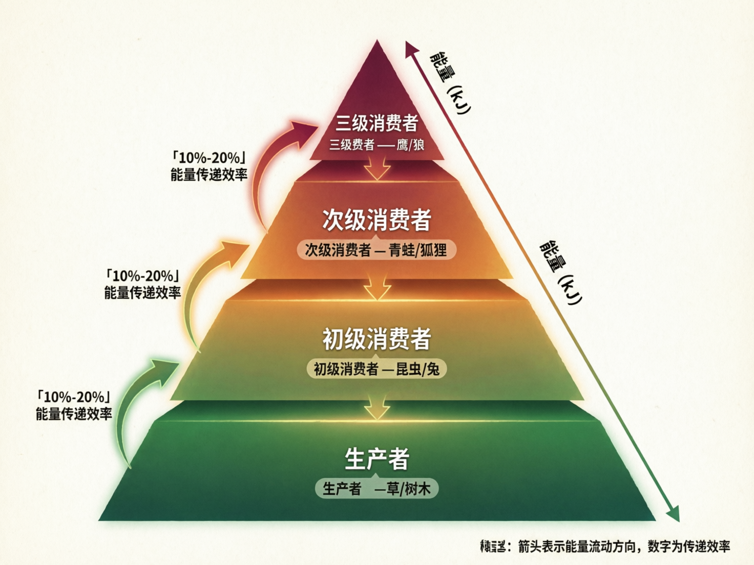 图中展示了一个关于生态系统能量金字塔的示意图，背景为淡米色的纸张质感。金字塔由下至上分为四层，颜色从底部的深绿色过渡到顶部的深红色，分别标注为生产者（草/树木）、初级消费者（昆虫/兔）、次级消费者（青蛙/狐狸）和三级消费者（鹰/狼）。金字塔左侧有三个向上弯曲的彩色箭头，标注着「10%-20%」能量传递效率；右侧有一条贯穿上下的长斜线，标注为「能量 (kJ)」。

这张图片具有明显的 AI 生成缺陷：首先，文字处理非常混乱，多处出现重复标注，例如每一层都叠写了两次含义相同的名称；其次，底部右下角的说明文字「备注」二字出现了严重的笔画扭曲和乱码，无法正常辨认；此外，金字塔层级间的连接箭头与边缘对齐不齐，右侧的长箭头指向模糊，且整体透视略显生硬，缺乏严谨的科学图表规范。