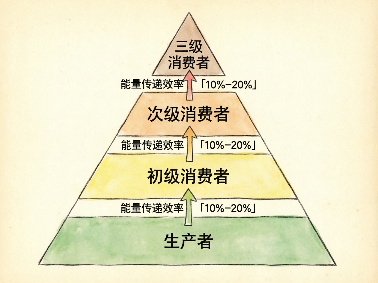 图中展示了一个手绘风格的生态金字塔模型，背景是带有复古质感的米黄色纸张。金字塔由下至上分为四个层级，每个层级都填充了不同的水彩颜色：最底层是代表植物的绿色「生产者」，向上依次是黄色的「初级消费者」、橙色的「次级消费者」，最顶端是灰褐色的三角形「三级消费者」。层级之间有向上指的彩色箭头，每个箭头旁都标注着黑色文字「能量传递效率「10%-20%」」。

在 AI 生成的细节方面，画面整体结构清晰，文字书写准确，没有明显的拼写错误。然而，作为一张示意图，其线条表现出典型的手绘模拟感，边缘略显不平整。明显的 AI 痕迹体现在金字塔的左右斜边并不完全对称，且内部的分隔横线与外边框的连接处略有溢出或重叠。此外，箭头的阴影处理和颜色过渡在局部显得有些生硬，不符合真实手绘的自然晕染逻辑。