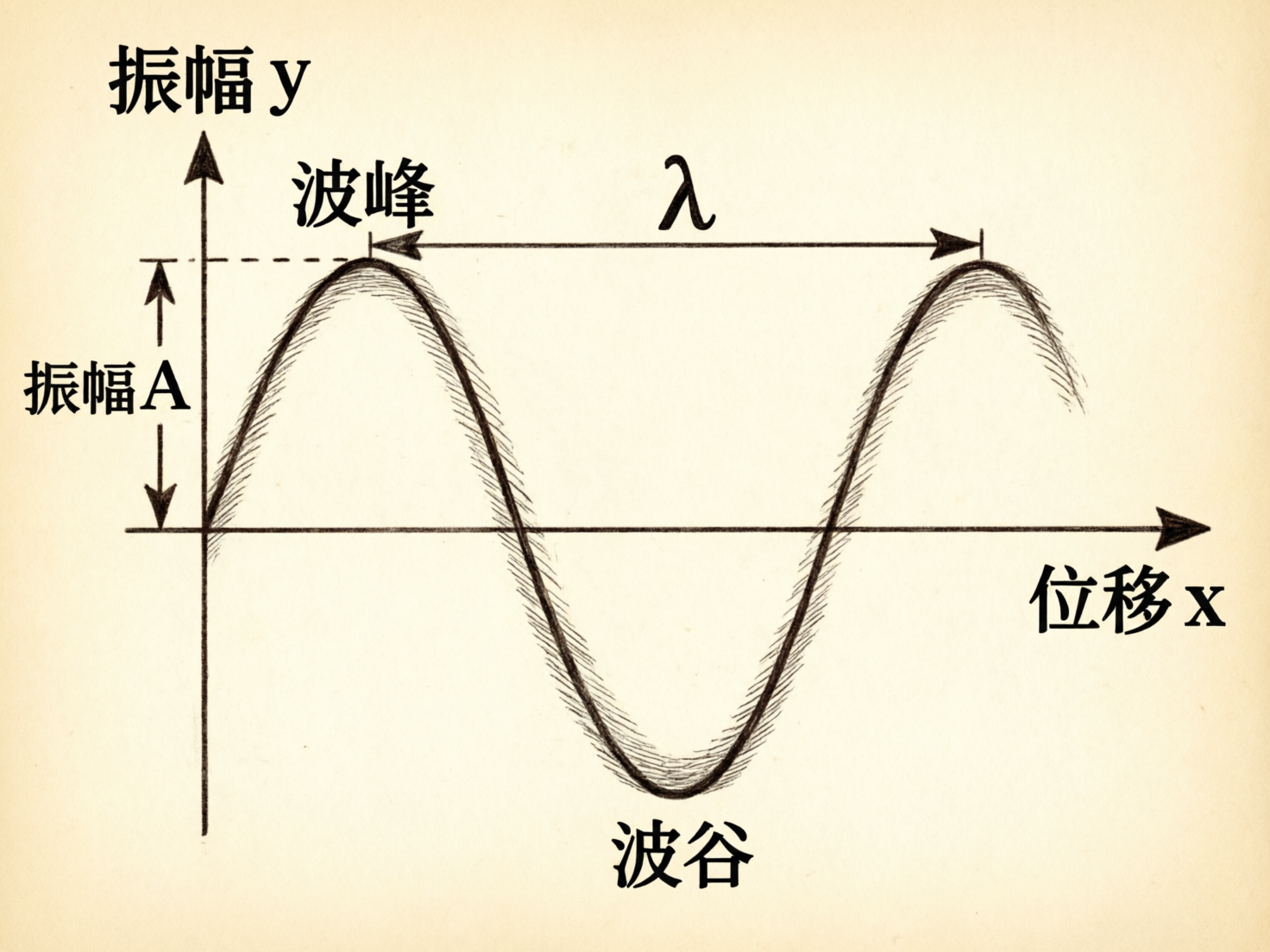 图中展示了一张模拟手绘风格的物理波动图表，背景呈现出类似旧纸张的米黄色。画面中心是一个黑色的正弦波曲线，横轴标注为“位移 x”，纵轴标注为“振幅 y”。图中用中文和物理符号详细标注了波的各个要素：波曲线的最高点标注为“波峰”，最低点标注为“波谷”；两个相邻波峰之间的水平距离用双向箭头标出，并冠以希腊字母“λ”表示波长；纵轴左侧通过双向箭头标示了从平衡位置到波峰的垂直距离，称为“振幅 A”。

作为一张 AI 生成的示意图，画面存在明显的逻辑与视觉缺陷：左侧纵轴的箭头指向与“振幅 y”文字重叠，且纵轴线在下方没有延伸完整；波浪线的线条粗细不均，带有杂乱的排线阴影，显得不够平滑；最右侧的波形在下降过程中突然中断，未能完成一个完整的周期。此外，文字虽然清晰，但排版略显拥挤，部分辅助虚线与主坐标轴的衔接不够严谨。