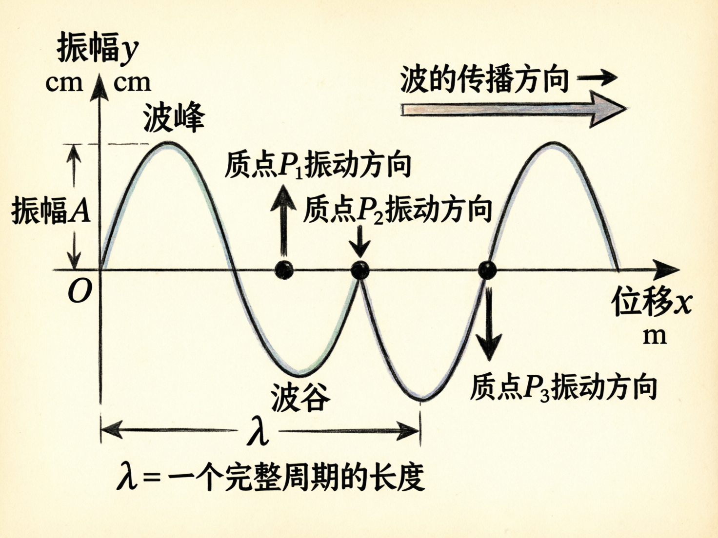 图中展示了一张关于物理学中横波图像的示意图，背景为淡黄色的纸张质感。画面中心是一条黑色的正弦波曲线，横轴表示位移 x，纵轴表示振幅 y。图中详细标注了波峰、波谷、波长 λ 以及不同质点的振动方向。右上角有一个粗大的箭头指示波的传播方向向右。整体构图类似手绘风格，线条带有铅笔或炭笔的笔触感。

然而，作为一张 AI 生成的图片，画面中存在明显的逻辑和视觉错误。首先，波形在第二个波谷处发生了严重的形变，出现了一个不自然的尖锐转折，而非平滑的曲线。其次，文字标注存在逻辑混乱：纵轴上方重复出现了两个“cm”单位；质点 P2 的标注箭头极短且位置尴尬；最严重的错误在于波长 λ 的标注，它错误地连接了波的起点和第二个波谷，而非一个完整的周期。此外，部分文字的排版略显拥挤，箭头指向也不够精确，这些缺陷可能会对理解物理概念造成误导。