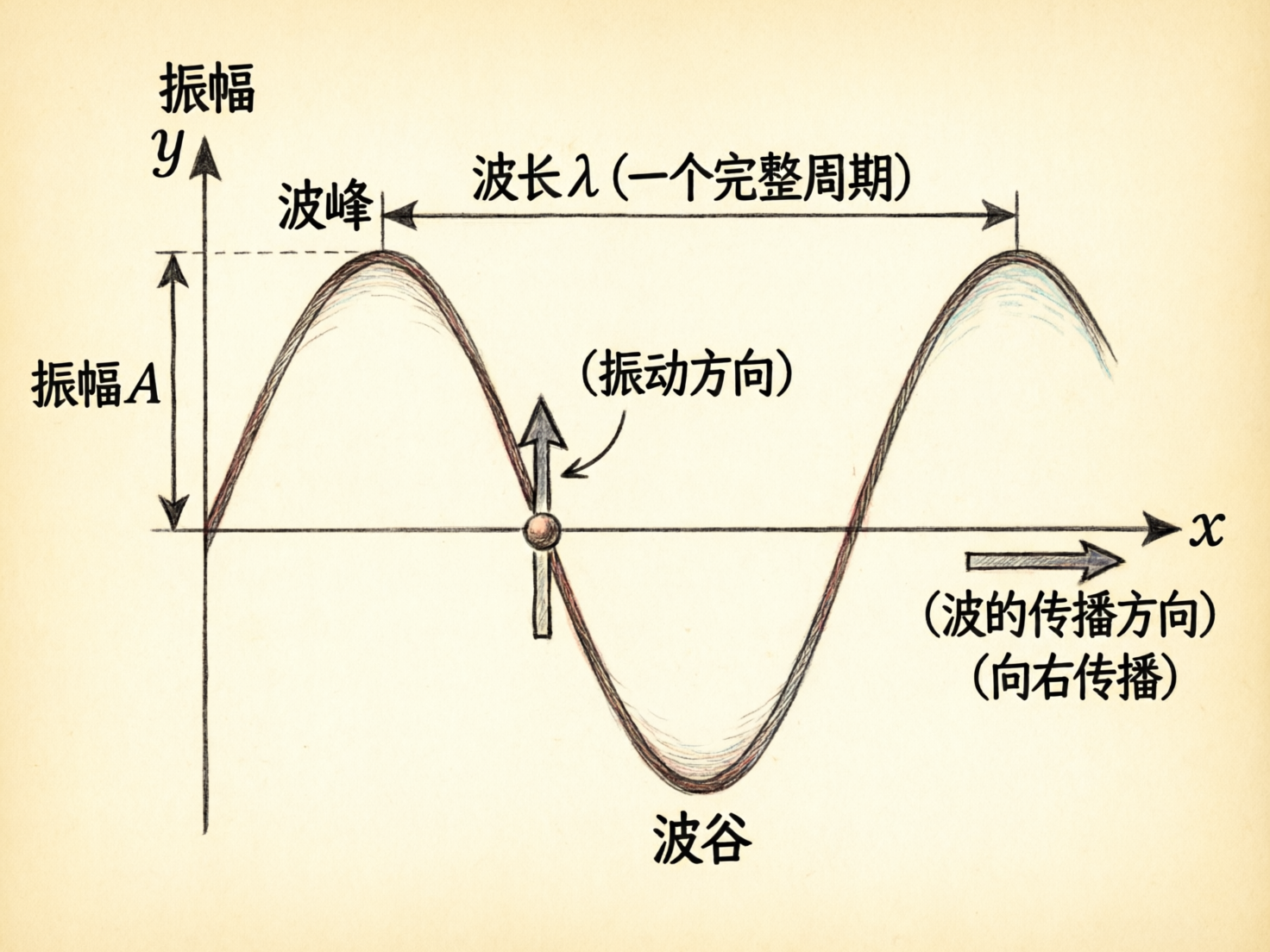 图中展示了一张关于物理学中波的特性的示意图，整体呈现出一种复古的手绘草图风格，背景为淡黄色的纸张质感。画面中心是一个标准的正弦波形，由深色的线条勾勒。图中包含一个直角坐标系，纵轴标注为“振幅 y”，横轴标注为“x”。波形上清晰地标注了多个物理概念：最高点标注为“波峰”，最低点标注为“波谷”，两个相邻波峰之间的水平距离标注为“波长λ（一个完整周期）”，而波峰到横轴的垂直距离则标注为“振幅 A”。画面中央有一个带箭头的垂直线段，标注为“（振动方向）”，右侧有一个向右的箭头，标注为“（波的传播方向）（向右传播）”。

作为 AI 生成的图片，画面存在一些明显的逻辑和视觉缺陷：首先，文字排版略显拥挤，部分标注线条与波形重叠，缺乏专业图表的严谨性；其次，波形的线条粗细不均，带有明显的素描阴影，这在正式的物理示意图中并不常见；最明显的缺陷在于中央描述“振动方向”的箭头，其线条穿过了波形上的圆点，且箭头的形状略显扭曲，不够对称。此外，背景的纸张纹理在边缘处分布不均，显示出数字合成的痕迹。