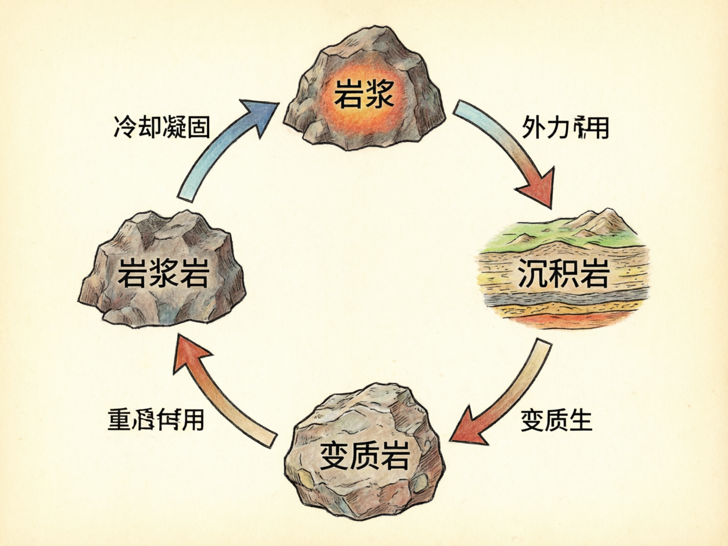 画面中展示了一张关于地壳物质循环的科普示意图，背景为淡黄色的复古纸张质感。图中四个主要的岩石阶段呈环形排列：顶部是中心发红的“岩浆”，右侧是具有明显层理结构的“沉积岩”，底部是质地坚硬的“变质岩”，左侧是灰褐色的“岩浆岩”。四个元素之间由彩色渐变箭头连接，形成顺时针循环。然而，这张 AI 生成的图片存在明显的文字和逻辑缺陷：右上角的文字“外力作用”中“用”字笔画错乱，右下角的“变质作用”被错误缩减为“变质生”，左下角的“重熔再生”被误写为“重愿作用”，且文字笔画扭曲。此外，箭头的指向逻辑与地质学常识不符，例如岩浆岩指向岩浆的箭头标注为“冷却凝固”，这在科学逻辑上是完全相反的，属于典型的 AI 逻辑错误。