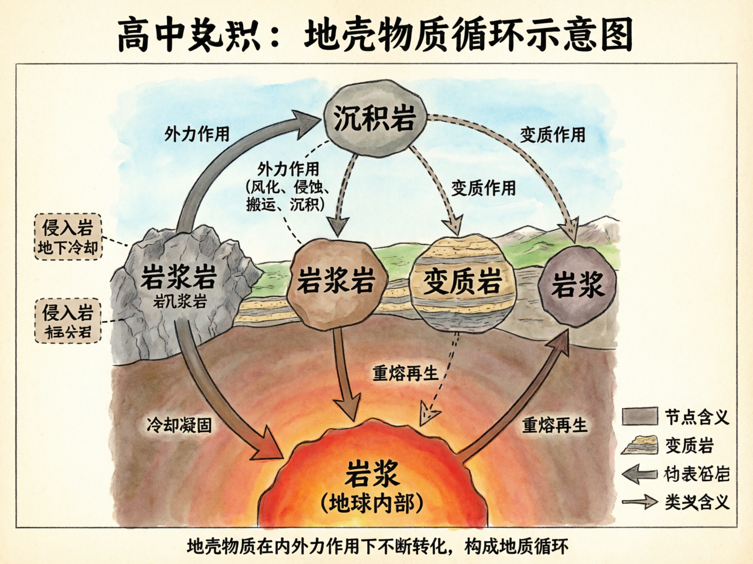 图中展示了一张以手绘水彩风格呈现的“地壳物质循环示意图”。画面背景为淡黄色，中心区域描绘了地球内部红色的岩浆，以及地表上方的山脉和天空。图中通过多个石块形状的节点和箭头，试图解释岩浆岩、沉积岩、变质岩与岩浆之间的转化关系。然而，作为一张 AI 生成的图片，画面中存在多处严重的逻辑和文字错误：顶部的标题文字出现了明显的乱码和错别字，如“高中地理”被误写为扭曲的字符；画面中的文字节点重复且混乱，出现了两个“岩浆岩”和两个“岩浆”节点，且部分文字重叠模糊；右下角的图例文字完全不可读，呈现为无意义的笔画堆砌。此外，指示循环关系的箭头指向逻辑混乱，部分虚线与实线交错，未能准确表达地质循环的科学过程。整体构图虽然色彩柔和，但由于 AI 对专业知识和汉字结构的理解偏差，导致其作为教学参考的准确性较低。