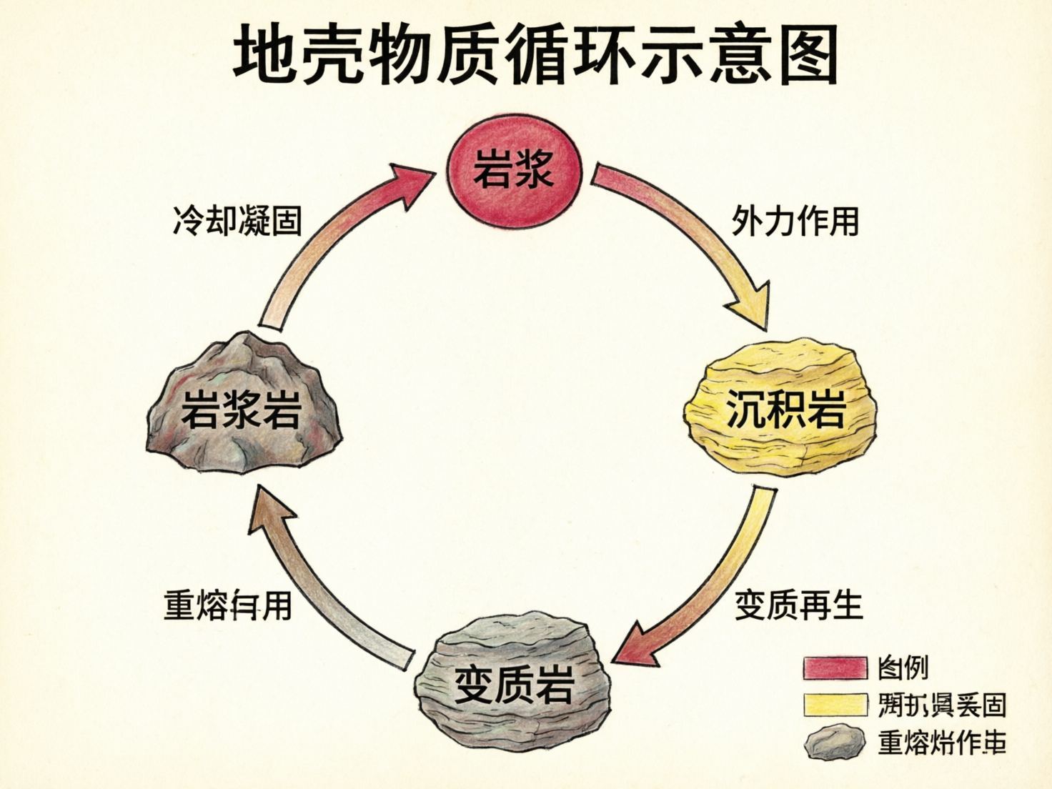 图中展示了一张关于“地壳物质循环”的教学示意图，背景为淡黄色的纸张质感。画面中心是由四个圆形或岩石形状组成的环形结构，顶部是一个红色的圆形，标注为“岩浆”；顺时针方向依次是黄色的层状“沉积岩”、灰色的纹理状“变质岩”以及灰褐色的“岩浆岩”。各元素之间由带有渐变色的弧形箭头连接，并配有“外力作用”、“变质再生”等文字说明。

这张图片具有明显的 AI 生成缺陷，主要体现在文字和逻辑错误上。首先，标题“地壳物质循环示意图”虽然清晰，但画面左下角的文字将“重熔再生”误写成了“重熔有用”；右下角的图例区域更是出现了严重的乱码，文字扭曲无法辨识。此外，科学逻辑存在错误：按照地质学规律，岩浆冷却凝固应指向岩浆岩，而图中箭头却反向指向了岩浆；岩浆岩重熔后应回到岩浆，图中却指向了自身循环。整体构图虽然规整，但由于这些文字和逻辑上的硬伤，不适合作为准确的科普教材使用。