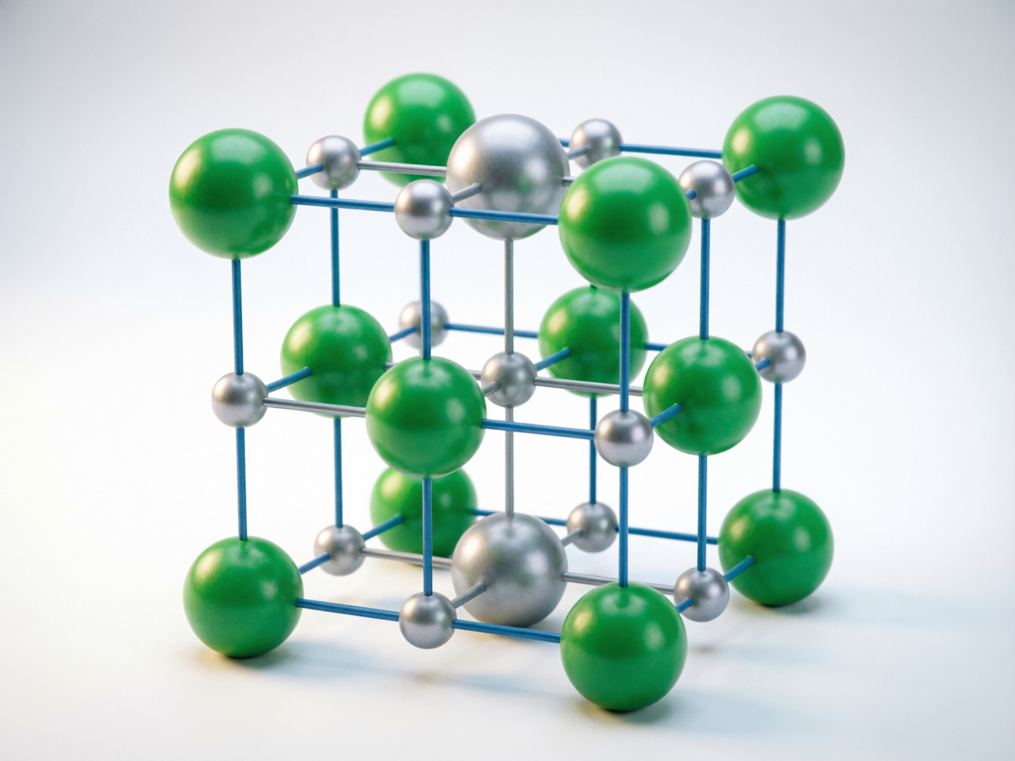 画面中展示了一个模拟晶体结构的球棍模型，背景为纯净的浅灰色，光线柔和。模型由许多绿色和银灰色的圆球组成，它们通过蓝色的细杆连接，排列成一个立方体框架。绿色的球体较大，分布在立方体的顶点和面中心；银灰色的球体较小，穿插在绿色球体之间。整体构图居中，呈现出一种科学实验器材的质感。

在 AI 生成的细节方面，存在明显的逻辑和结构缺陷：首先，连接球体的蓝色细杆在空间透视上非常混乱，许多杆件并没有准确对准球心，而是歪斜地附着在球体表面；其次，部分连接杆在交叉处发生了不合理的断裂或融合，未能形成严谨的几何网格；此外，球体的大小比例并不统一，部分银色小球悬浮在半空，缺乏必要的支撑连接，不符合真实的物理结构逻辑。