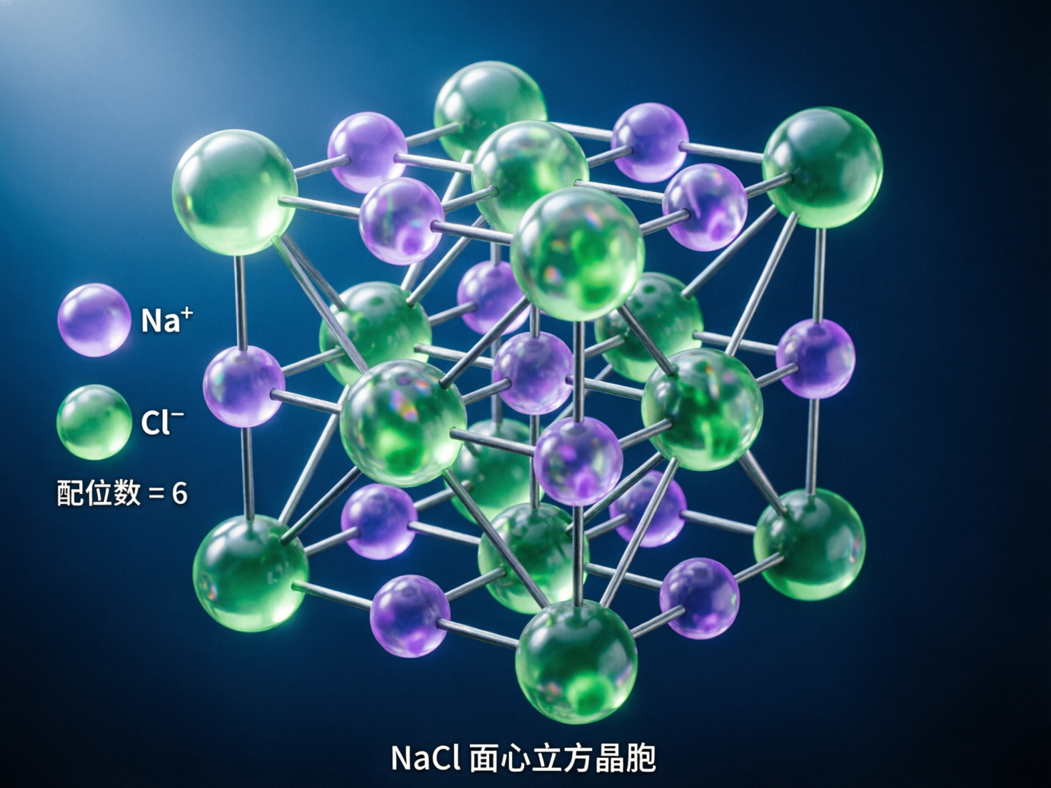 图中展示了一个氯化钠（NaCl）面心立方晶胞的 3D 模拟模型。背景为深蓝色，带有左上角射入的柔和光晕。模型由许多半透明的球体组成，其中较大的绿色球体代表氯离子（Cl⁻），较小的紫色球体代表钠离子（Na⁺），它们通过银灰色的金属质感连杆相互连接，构成一个立方体框架。画面左侧有中文标注说明离子类型及“配位数=6”，底部标有“NaCl 面心立方晶胞”。

然而，作为 AI 生成的图像，该模型存在明显的科学逻辑和结构缺陷：晶胞的几何结构非常混乱，连杆的连接方式不符合立方体的对称性，出现了许多倾斜且交错的异常支架。部分球体在空间中的位置重叠或悬空，未能形成标准的格点排列。此外，左侧标注中的文字虽然清晰，但整体晶体结构的透视关系扭曲，无法准确表达真实的化学晶体物理结构。