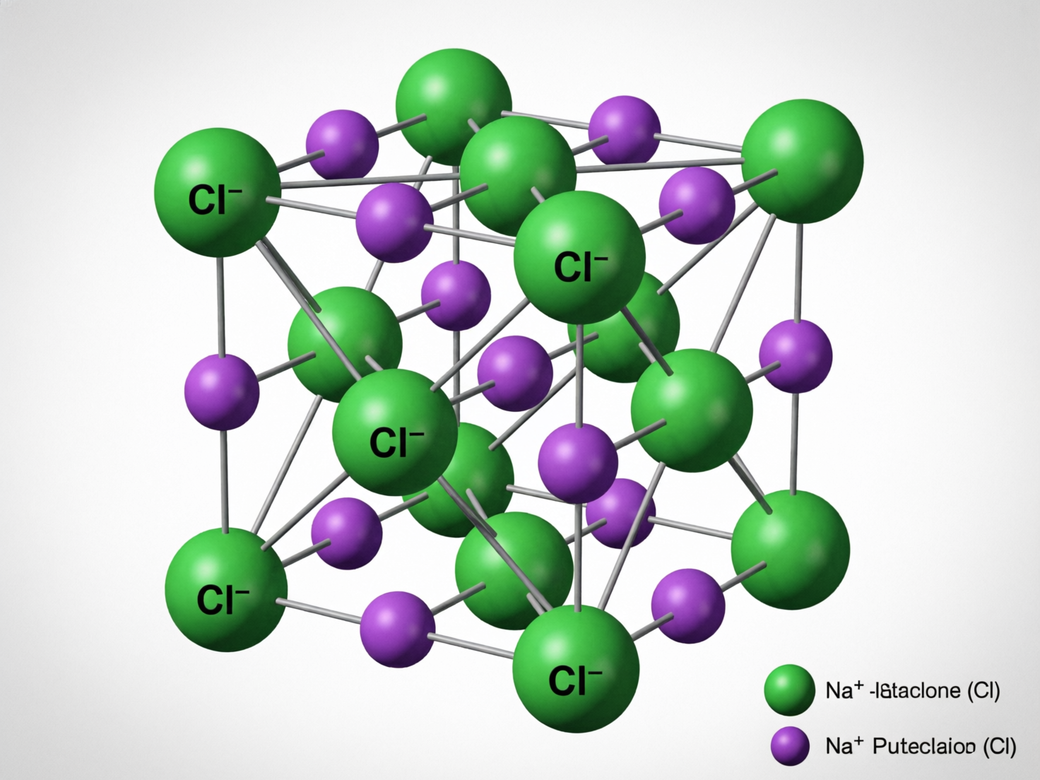 图中展示了一个模拟氯化钠（食盐）晶体结构的 3D 分子模型，背景为纯净的浅灰色。画面中央是一个由许多球体和灰色连接杆构成的立方体点阵。模型中包含两种颜色的球体：较大的绿色球体上标注着黑色的“Cl⁻”字样，代表氯离子；较小的紫色球体则穿插在绿色球体之间。右下角设有图例，但存在明显的 AI 生成缺陷：文字出现了严重的拼写错误和乱码，例如将钠离子标注为“Na⁺ -I8taclone”和“Na⁺ Puteclaion”，且括号内错误地标注为“(Cl)”，逻辑十分混乱。此外，晶体结构的透视和连接也存在异常，部分灰色连接杆的指向并不符合标准的立方晶系几何规律，球体表面的光影分布虽有立体感，但整体科学严谨性不足。