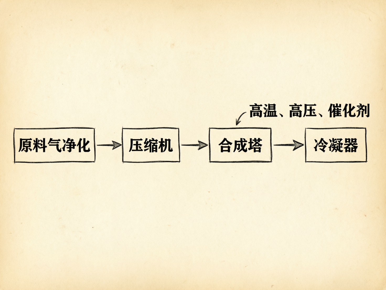 图中展示了一张模拟手绘风格的工业流程示意图，背景呈现出一种带有轻微纹理和斑点的淡黄色复古纸张质感。画面中心水平排列着四个由黑色线条勾勒的矩形框，框内分别写有简体中文。从左至右依次为“原料气净化”、“压缩机”、“合成塔”和“冷凝器”，每个框之间由指向右侧的黑色箭头连接，表示工艺流程的先后顺序。在第三个方框“合成塔”的上方，额外标注了“高温、高压、催化剂”字样，并有一个弯曲的小箭头指向该方框。虽然文字内容清晰可辨，但作为 AI 生成的图像，其缺陷在于矩形框的线条显得过于生硬且不均匀，部分边角重合处有明显的重影和溢出。此外，文字的排版略显局促，尤其是“原料气净化”和“冷凝器”两处的文字几乎触及边框边缘，缺乏真实手绘的自然呼吸感。整个构图简洁，主要用于展示化工合成的基本步骤。