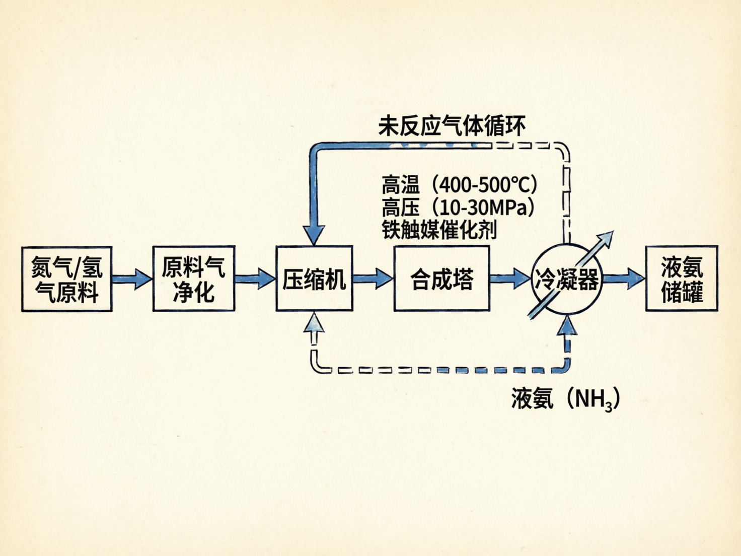 画面中展示了一张关于合成氨工业流程的示意图，背景呈现出类似旧纸张的淡米黄色。流程从左向右展开，主要由黑色线条勾勒的方框和圆形组成，中间通过蓝色箭头连接。从左侧开始，依次是“氮气/氢气原料”、“原料气净化”、“压缩机”、“合成塔”、“冷凝器”，最后指向右侧的“液氨储罐”。合成塔上方标注了高温、高压和铁触媒催化剂等反应条件。画面上方有一条蓝色的循环回路，标注为“未反应气体循环”。

作为一张 AI 生成的图片，图中存在明显的逻辑和视觉缺陷：首先，文字排版略显拥挤，部分笔画粗细不均。最显著的错误在于底部的虚线箭头，它从冷凝器下方回流至压缩机，并标注为“液氨（NH3）”，这在化工逻辑上是不合理的，因为液氨应直接进入储罐而非回流。此外，冷凝器中间穿过的一道斜线箭头指向不明，且部分蓝色填充超出了边框，显示出 AI 在处理精确图表时的细节缺失。