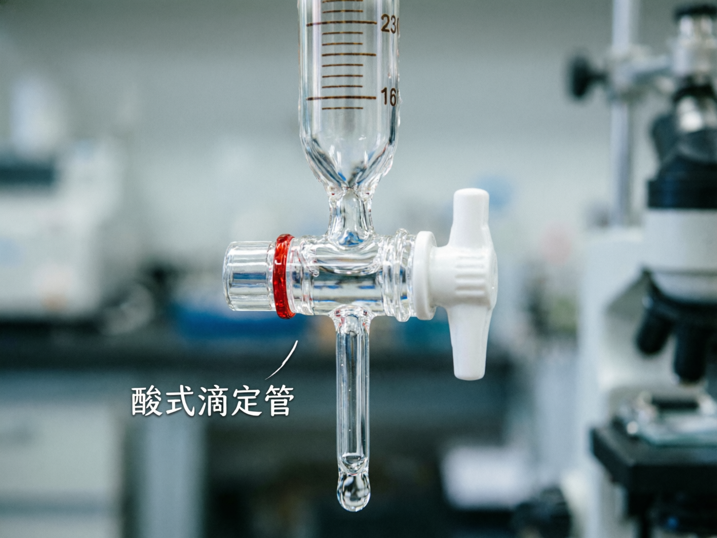 画面中展示了一个实验室环境下的玻璃仪器特写，背景是模糊的实验台和显微镜设备。图像中心是一个透明的玻璃滴定管下端，配有白色的塑料活塞旋钮和一个红色的固定环，管口正悬挂着一颗晶莹剔透的水滴。画面左下方有白色的中文文本“酸式滴定管”。然而，这张 AI 生成的图片存在明显的逻辑和结构缺陷：首先，滴定管的刻度线设计极不合理，数字“23”和“16”上下颠倒且排列混乱，不符合科学仪器的严谨性；其次，玻璃管的结构在活塞处显得扭曲且不连贯，缺乏真实的物理透视感；最后，虽然文字标注为“酸式滴定管”，但画面中的活塞结构更接近分液漏斗或某种混合设计的产物，并非标准的酸式滴定管形态。整体色调偏冷，呈现出一种干净但缺乏真实细节的实验室氛围。