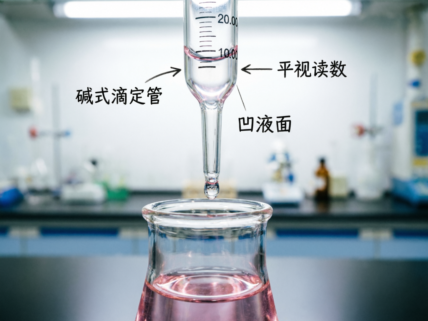 画面中展示了一个化学实验室的近景，构图中心是一个透明的滴定管，正向下方开口的锥形瓶中滴入透明液体。滴定管内含有淡粉色液体，背景是模糊的实验室工作台。画面中带有三处中文标注和黑色箭头，分别指向滴定管的不同部位，文字为“碱式滴定管”、“平视读数”和“凹液面”。

这张图片存在明显的 AI 生成缺陷和科学逻辑错误：首先，标注为“碱式滴定管”的仪器外形严重畸变，它看起来更像是一个带有刻度的移液管或漏斗，且底部缺乏碱式滴定管应有的橡胶管和玻璃珠结构；其次，刻度数值逻辑混乱，数字“20.00”竟然位于“10.00”的上方，不符合常规量具从上往下数值递增或递减的规律；最后，滴定管尖端与液滴的连接处透视生硬，且标注的“凹液面”位置与实际液面存在偏差，文字边缘略显模糊。