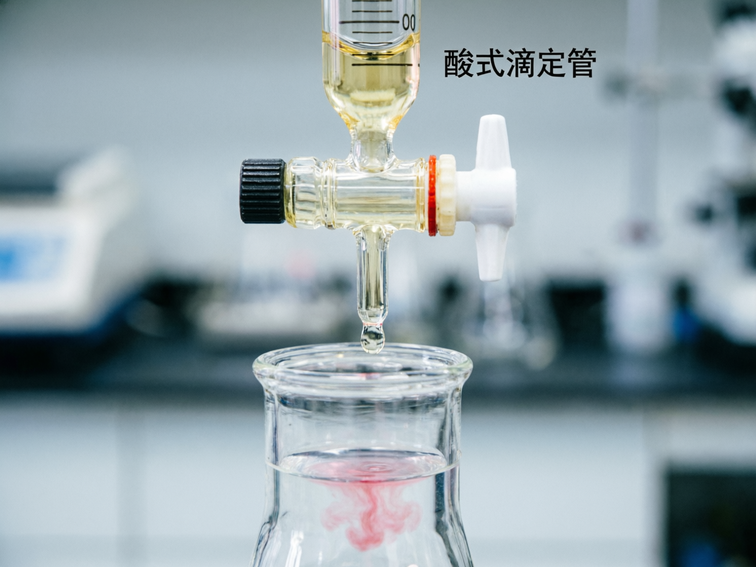 图中展示了一个化学实验室滴定分析的近景。画面中央是一个透明的玻璃滴定管，管内盛有淡黄色的液体，下方带有一个白色的旋塞阀门。一滴透明液体正从滴定管尖端落下，滴入下方的锥形瓶中。瓶内装有透明液体，中心处有一团如烟雾般散开的粉红色反应产物。背景是模糊的实验室环境，隐约可见实验台和仪器，右上角印有黑色的“酸式滴定管”简体中文字样。

画面存在明显的 AI 生成缺陷：首先，滴定管的结构不符合逻辑，旋塞阀门两侧的部件（黑色旋钮与白色手柄）显得生硬且不对称，缺乏真实的机械连接感；其次，滴定管上方的刻度线分布极其不均匀，数字“00”的排列方式也不符合标准量具的规范；最后，滴定管的玻璃管身在阀门上方突然变宽，形状衔接非常突兀，不符合真实实验器材的工业设计。