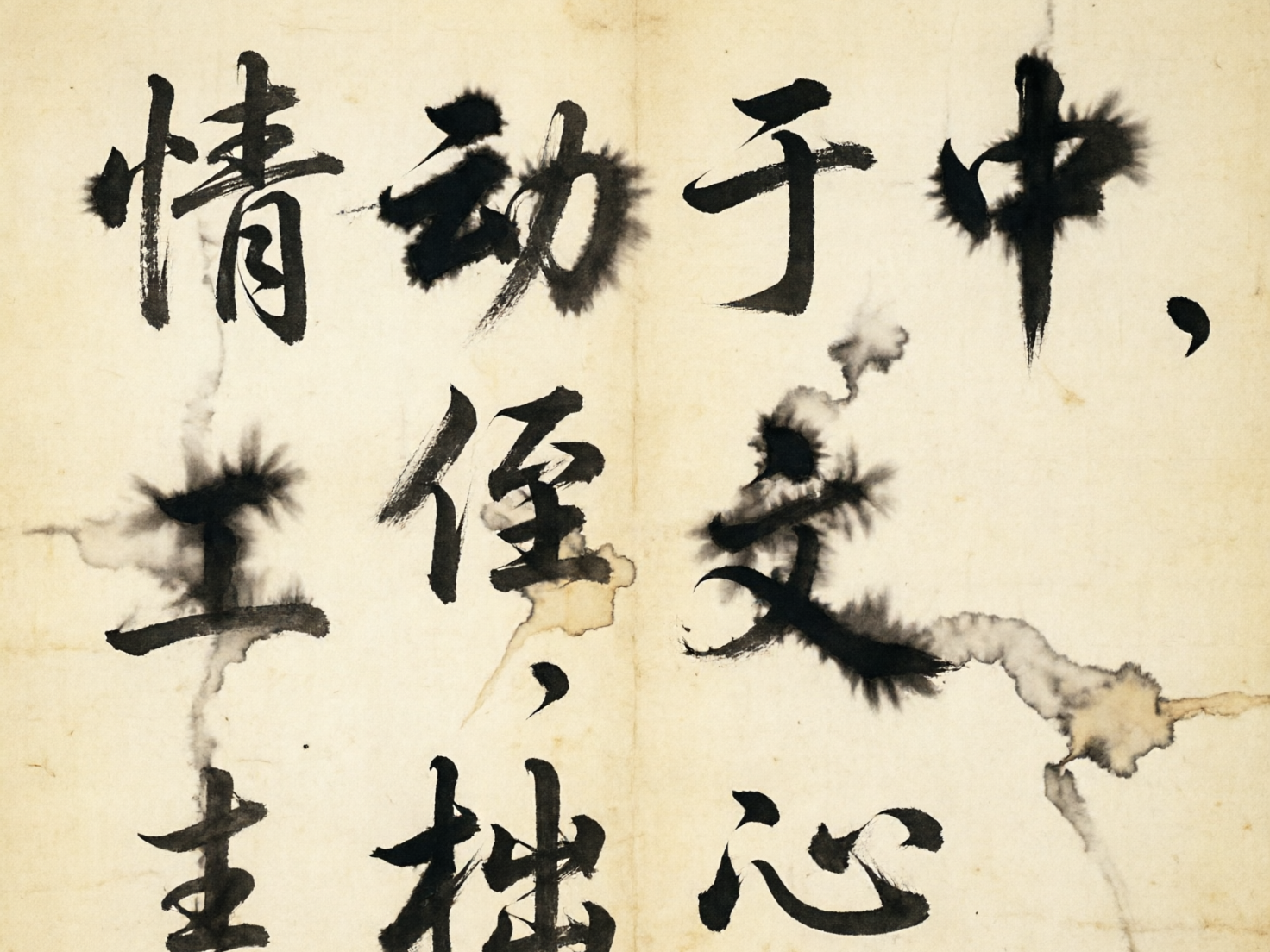 图中展示了一幅模仿中国传统书法风格的画面，背景是带有褶皱和泛黄质感的古旧宣纸，色调呈现温暖的米黄色。画面上分布着三行黑色水墨书写的汉字，字体介于行书与草书之间，笔触浓淡不一，部分字迹带有明显的干笔飞白效果。然而，作为 AI 生成的图像，文字内容存在严重的逻辑错误和形体崩坏：第一行依稀可辨认出“情动于中”四个字，但“中”字末尾连接了一个多余的逗号；第二行及往下的字迹则完全扭曲，由一些似是而非的偏旁部首随机组合而成，无法组成实际的词汇。此外，画面中存在明显的 AI 生成缺陷，墨迹的晕染效果极不自然，出现了类似烟雾或树枝状的放射性虚影，且纸张右侧有一块形状怪异、边缘生硬的水渍污痕，与真实的墨水渗透效果相去甚远。