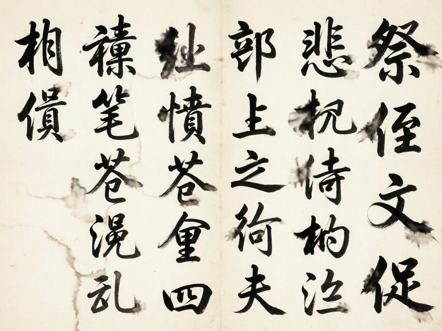 图中展示了一幅模仿中国传统书法作品的画面。背景是带有岁月痕迹的淡米黄色宣纸，纸张中心有一条明显的垂直折痕，并分布着一些不规则的淡褐色水渍和晕染，营造出古旧的质感。画面上排列着六行黑色的毛笔字，字体风格介于行书与草书之间，笔触浓淡不一，部分字迹带有明显的墨汁晕染效果。

然而，这幅画作存在显著的 AI 生成缺陷：画面中的文字大多并非真实的汉字，而是由类似汉字偏旁部首随机组合而成的“伪字符”，无法进行实际阅读。许多字体的结构逻辑混乱，笔画之间出现了不自然的断裂或粘连，例如某些字形看起来像“祭”、“悲”、“部”，但细看却是由错误的线条拼凑而成。此外，墨迹的晕染效果在某些地方显得过于机械和生硬，缺乏真实毛笔书写时的自然渗透感。整体构图虽然模仿了书法条幅，但文字内容的缺失使其仅具备视觉上的符号感。