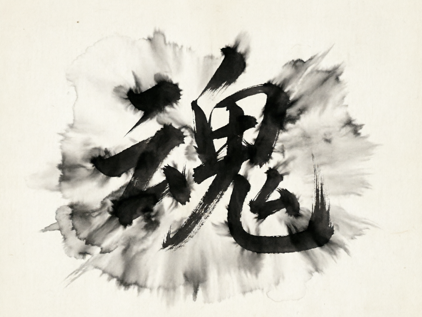画面中展示了一幅极具视觉冲击力的水墨书法作品，背景是带有细微纹理的米白色宣纸。画面的核心是一个巨大的黑色汉字“魂”，采用行草风格书写，笔触苍劲有力，墨色浓郁。最引人注目的是，在这个汉字的笔画边缘，墨迹向四周剧烈扩散，形成了如同烟雾、火焰或爆炸般的晕染效果，这种水墨的张力赋予了文字一种动感和神秘的生命力。整体构图居中，黑白对比强烈，展现出一种深邃的东方美学意境。

然而，作为 AI 生成的图像，画面中存在明显的逻辑缺陷：最显著的问题在于“魂”字的结构错误。左侧的“云”字旁与右侧的“鬼”字部首连接方式诡异，笔画相互交织且不符合传统书法章法，尤其是“鬼”字内部的结构变得模糊且扭曲，看起来更像是一个由墨迹拼凑而成的符号而非规范汉字。此外，背景边缘的墨迹晕染过于均匀且呈放射状，缺乏自然水墨渗透时随机的层次感。