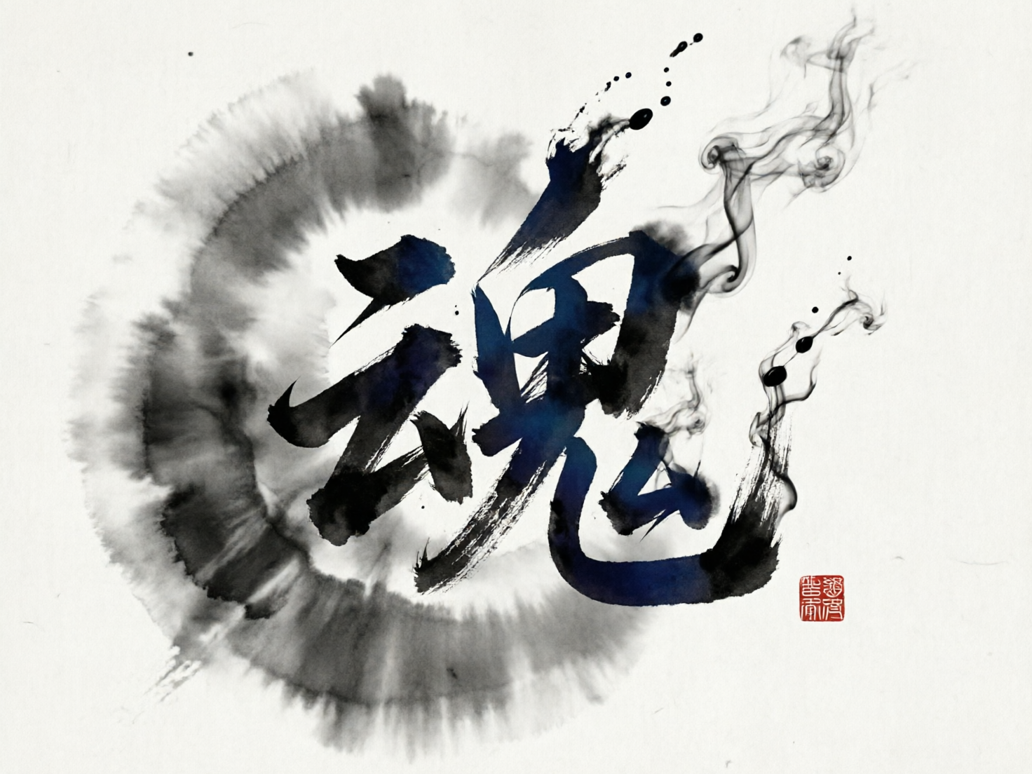 图中展示了一幅极具动感的现代水墨书法作品，背景是带有细微纹理的米白色宣纸。画面中心是一个巨大的黑色汉字“魂”，笔触苍劲有力，融合了浓墨与深蓝色的渐变，呈现出一种沉稳而深邃的质感。汉字的左侧环绕着一圈放射状的淡墨晕染，如同水滴入水后扩散的涟漪，增强了视觉的张力。字体的右上角和右侧末梢化作了缕缕轻盈的黑色烟雾，向上蜿蜒升腾，并伴有零星的墨滴飞溅，营造出一种灵魂出窍、虚实结合的意境。右下角盖有一枚红色的方形印章，为冷色调的画面增添了一抹亮色。

作为 AI 生成的图像，画面存在明显的逻辑缺陷：首先，中心汉字“魂”的结构并不规范，左侧的“云”部与右侧的“鬼”部连接方式生硬，且笔画细节带有明显的数字涂抹痕迹，不符合传统书法的运笔逻辑。其次，右下角的红色印章文字完全模糊不可辨认，只是模拟了印章的外形，缺乏真实的篆刻细节。此外，墨迹晕染的边缘过于均匀且带有数字噪点，失去了自然水墨渗透纸张的随机感。