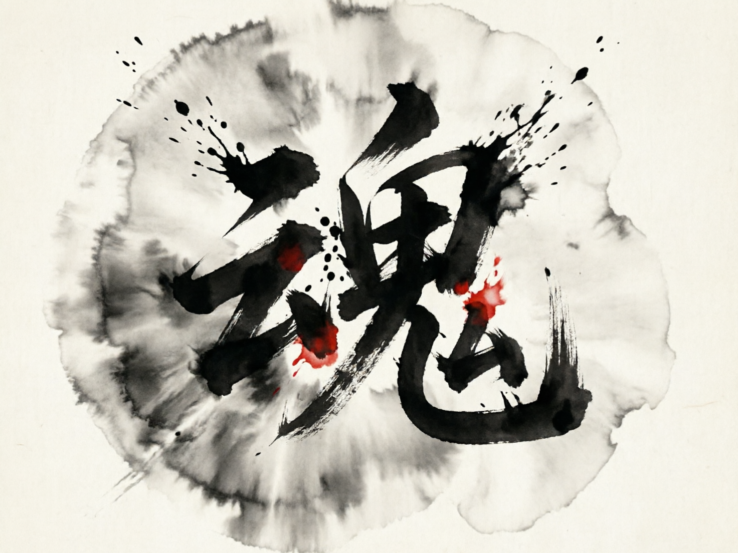 画面中是一幅充满张力的水墨风格书法作品，背景为米白色的宣纸质感。画面的核心是一个巨大的黑色书法字体，字形接近繁体字“魂”或“魄”的变体，笔触粗犷且富有动感，带有明显的飞白效果和墨汁溅射的痕迹。在黑色笔画之间，点缀着几处鲜艳的朱砂红色墨迹，形成了强烈的视觉对比。文字背后有一个巨大的淡灰色圆形水墨晕染背景，仿佛墨水在纸上自然扩散形成的圆环，增强了画面的深邃感。

作为 AI 生成的图像，画面存在明显的逻辑缺陷：中间的汉字并非标准的现实汉字，而是由多个部首和笔画随机组合而成的“伪汉字”，结构混乱，无法准确辨认。此外，笔画的交汇处缺乏真实毛笔书写的逻辑，部分墨迹溅射的方向与笔势走向不符，呈现出一种超现实但缺乏法度的视觉堆砌感。