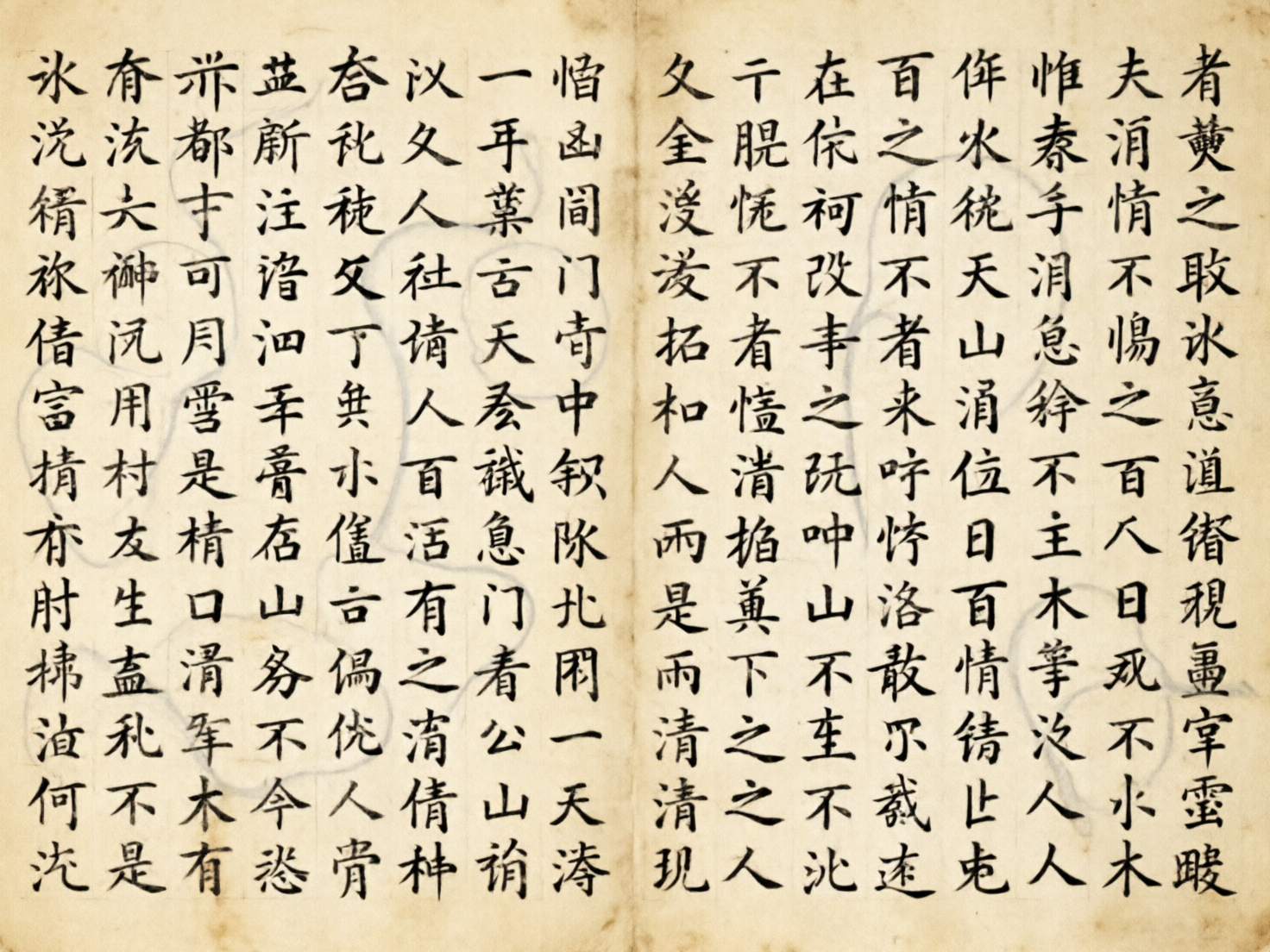 图中展示了一张模仿中国古代书法手抄本的画面。整幅作品呈现出古旧的淡黄色调，纸张表面带有不均匀的褐色斑点和褶皱纹理，仿佛经过了岁月的洗礼。画面正中有一条明显的纵向折痕，将纸张分为左右两部分。文字排列整齐，采用传统的竖排从右至左的布局，每个字都位于隐约可见的方格界格内。书法风格接近楷书，笔画清晰，墨色浓淡适宜。

然而，作为 AI 生成的图片，画面存在明显的逻辑缺陷：虽然每个字符看起来都像汉字，但绝大多数都是由汉字偏旁部首随机组合而成的“伪汉字”，无法组成具有实际意义的词句。部分文字的结构扭曲，笔画交叉处显得生硬且不自然。此外，背景中隐约可见一些淡灰色的圆圈状线条，与整体的书法风格和纸张质感格格不入，属于典型的 AI 生成伪影。这些错误揭示了画面并非真实的古代文献，而是对书法形式的视觉模拟。