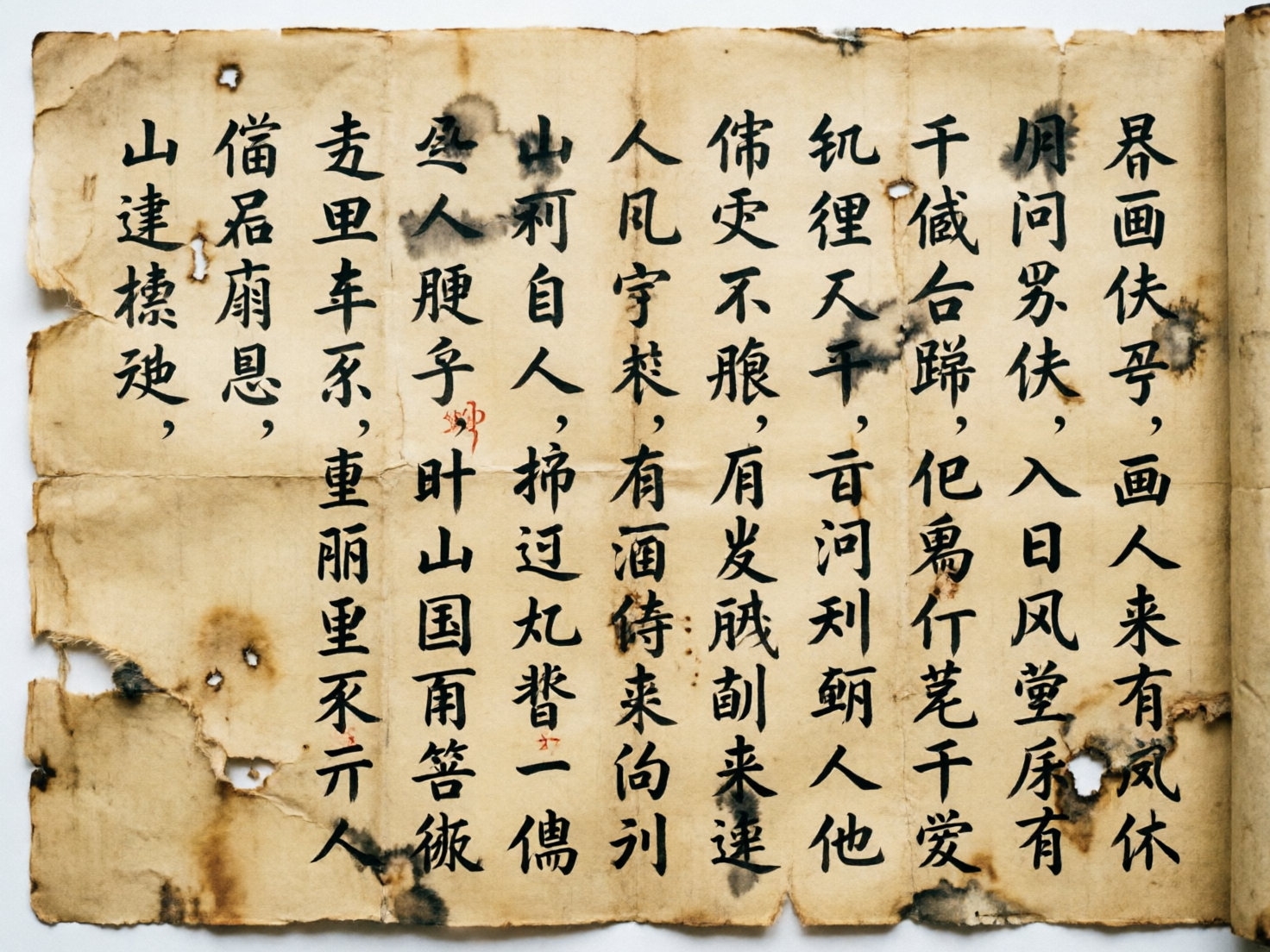 画面中展示了一张模仿古代风格的纸质书页，背景是泛黄且带有明显破损、烧焦痕迹的旧纸张。纸上整齐地排列着黑色毛笔书写的楷体汉字，从右至左纵向排版，呈现出一种古籍文献的视觉效果。纸张边缘参差不齐，分布着一些深褐色的水渍和类似火烧的小孔，增加了年代感。

然而，这张图片具有明显的 AI 生成缺陷。虽然字迹看起来像汉字，但仔细观察会发现绝大多数文字都是由随机笔画拼凑而成的“伪汉字”，无法组成具有实际意义的句子，甚至许多字符在现实中并不存在。此外，文字的墨色深浅分布不自然，部分笔画与背景的污渍融合得过于生硬。纸张左侧的折痕与破洞位置显得随机且缺乏物理逻辑，整体呈现出一种“似是而非”的视觉欺骗感，是典型的 AI 模拟书法作品。